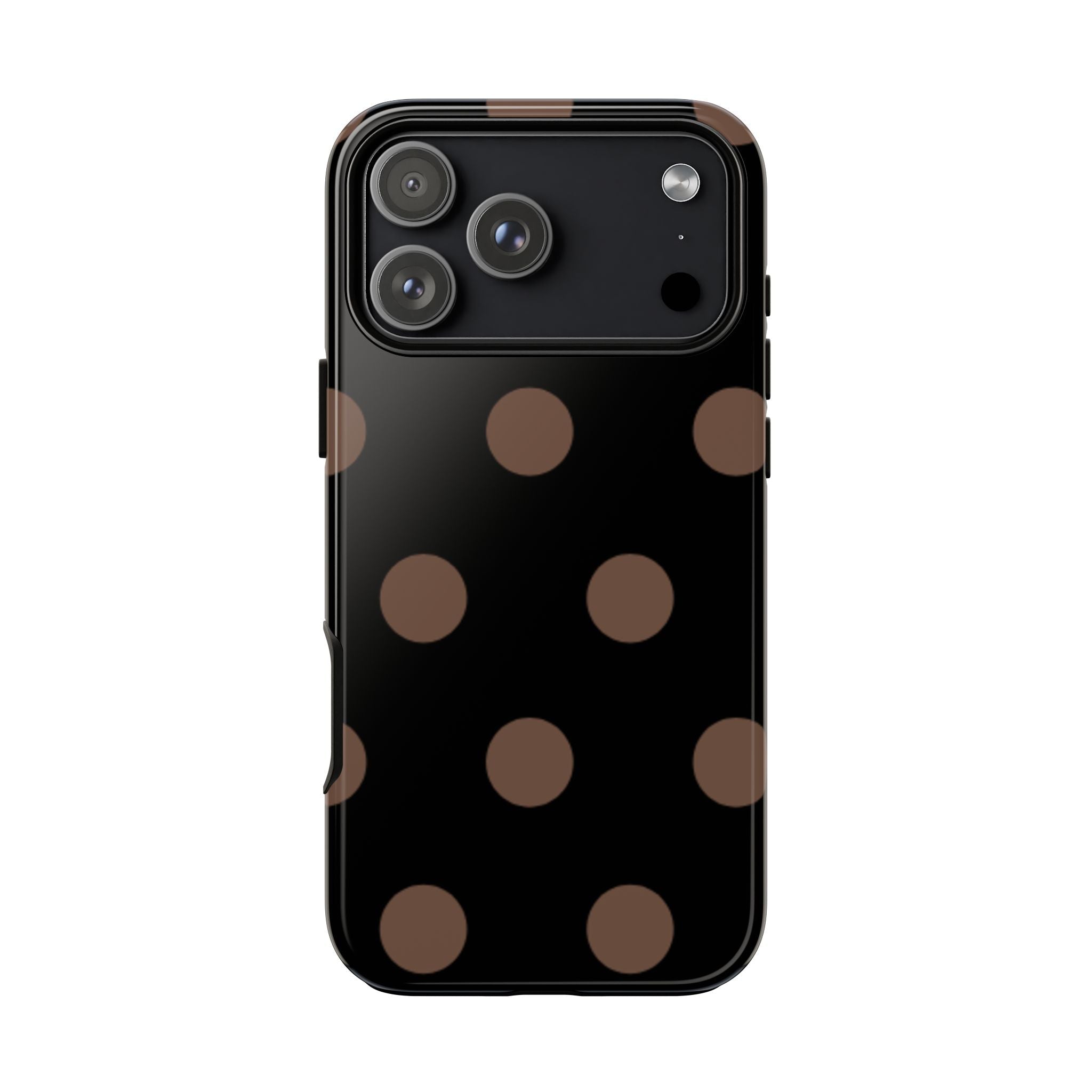 Black phone case with brown polka dots and camera cutout
