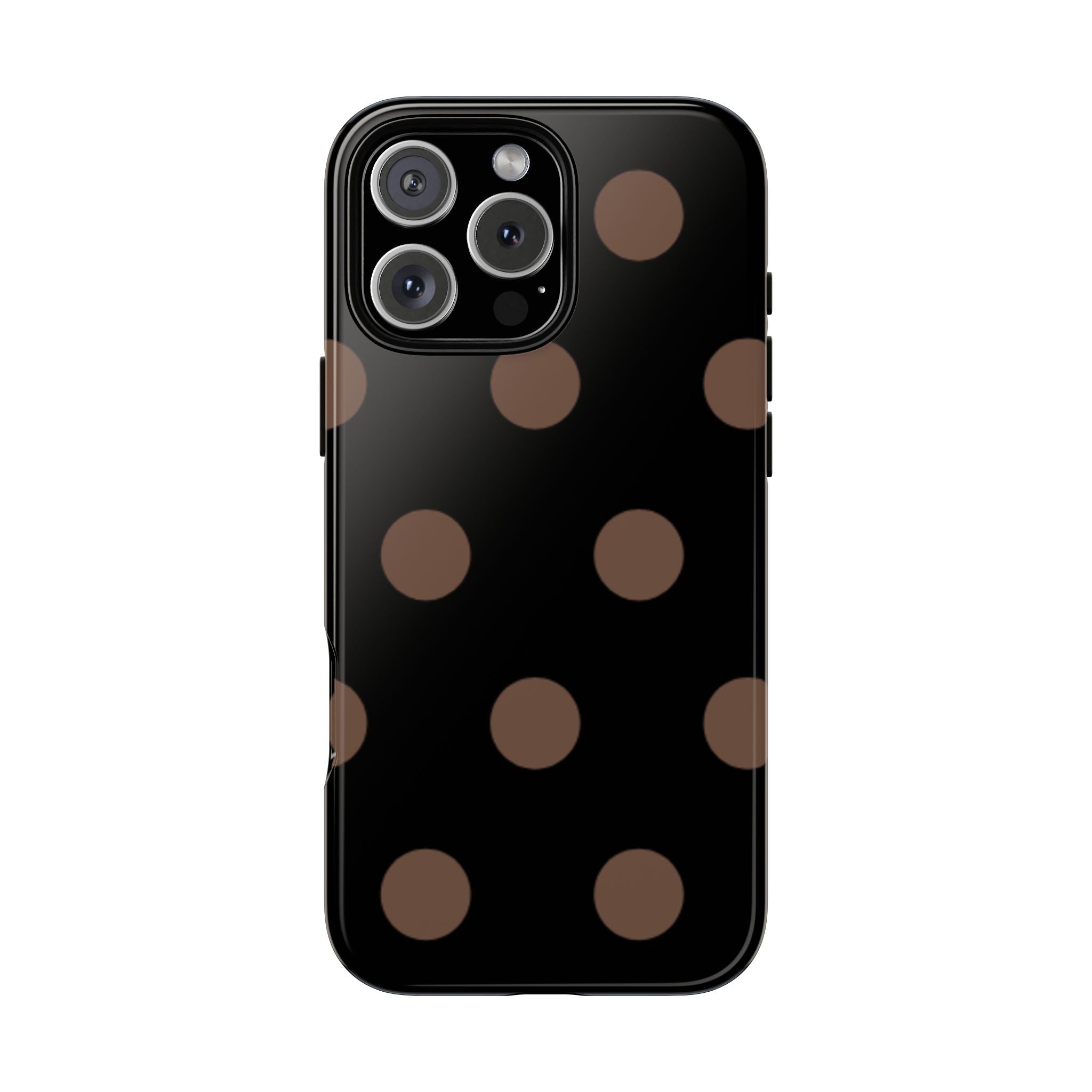 Black phone case with brown polka dots, flat front view