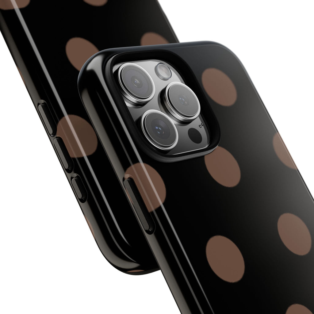 Black case with brown polka dots, raised camera-edge protection