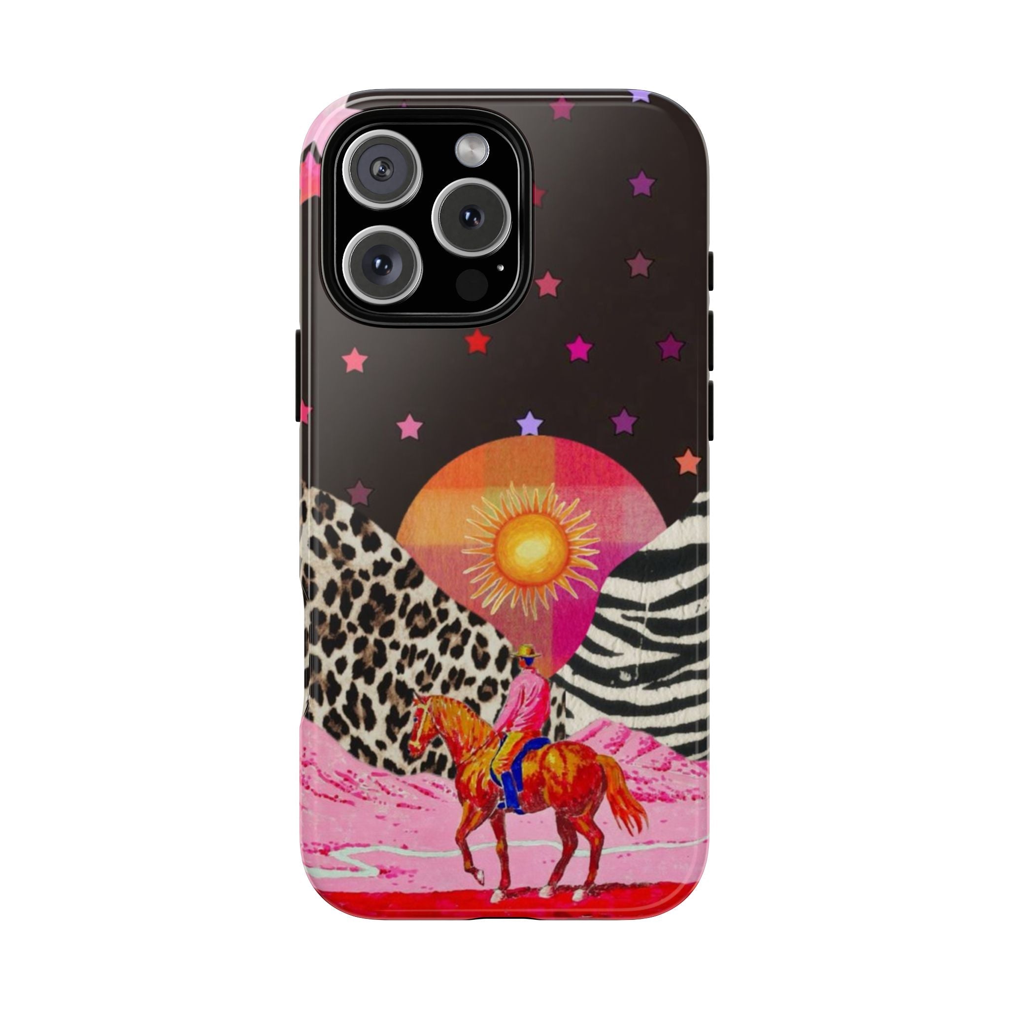 Midnight cowboy phone case with stars, sunset circle, and colorful horse illustration