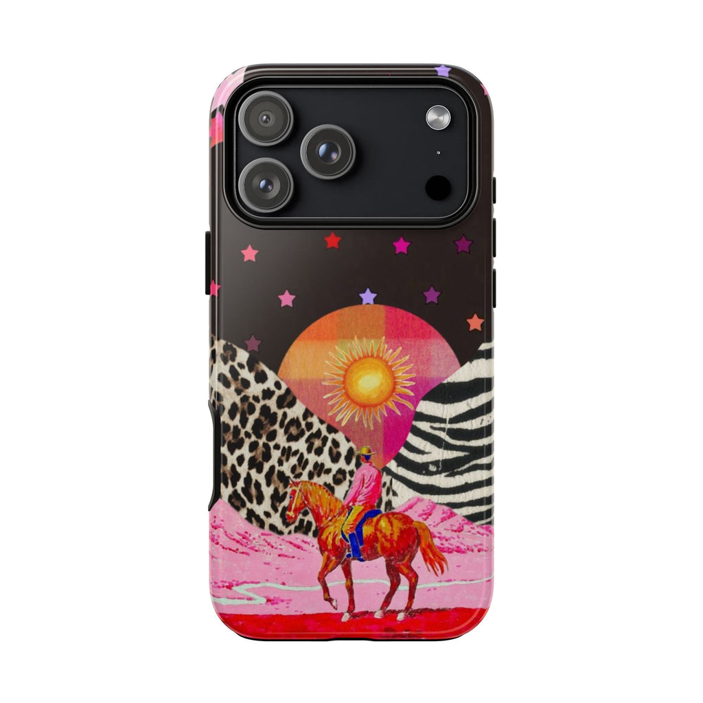 Midnight cowboy phone case rear view with star pattern, zebra stripe band, and horses
