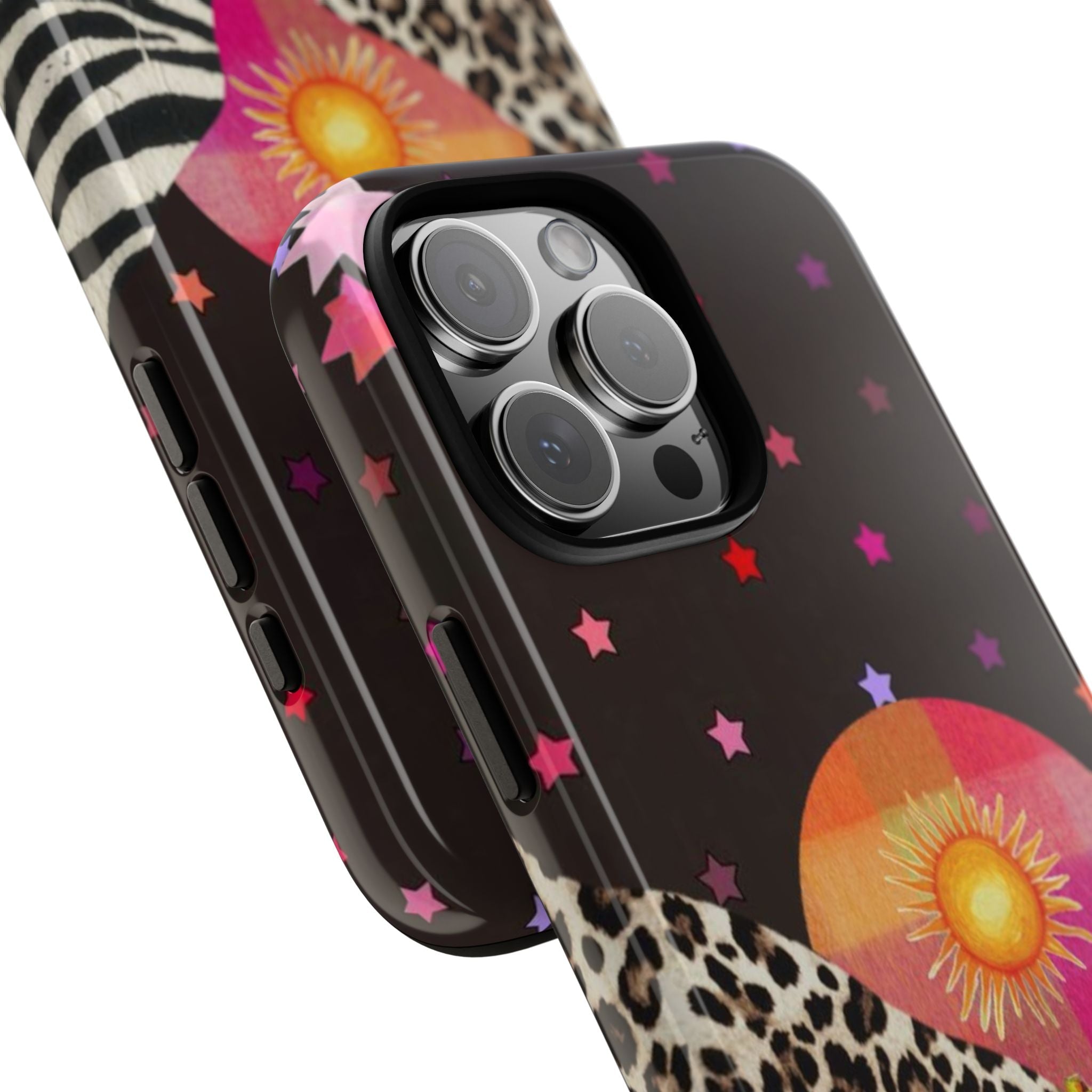 Midnight cowboy phone case close-up showing camera lenses and side cutouts with stars