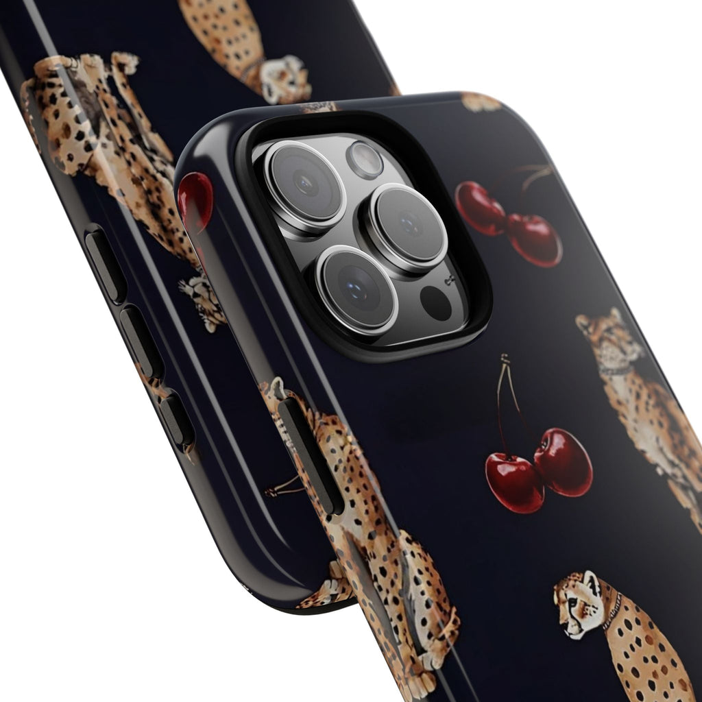 Slanted midnight leopard & cherry phone case showing camera cutout and red cherry details