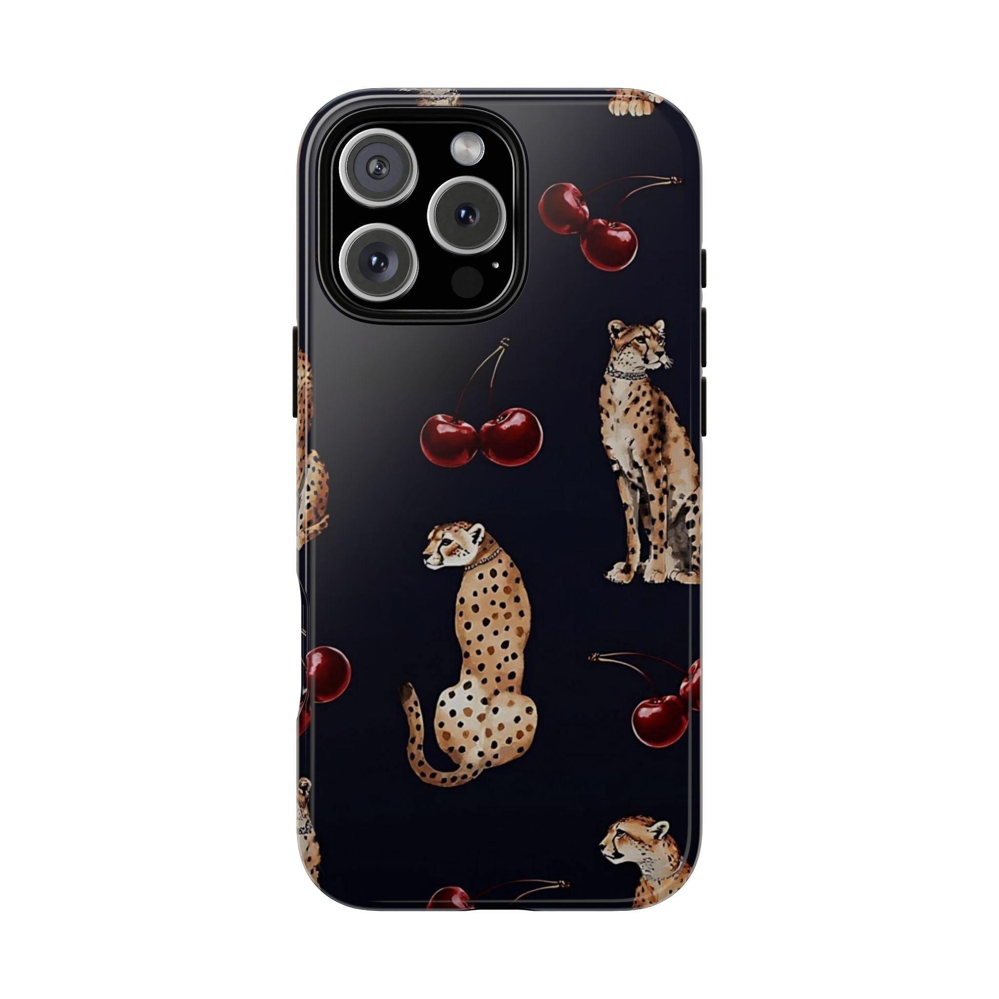 Midnight leopard & cherry phone case with spotted cat figures and red cherries, back view
