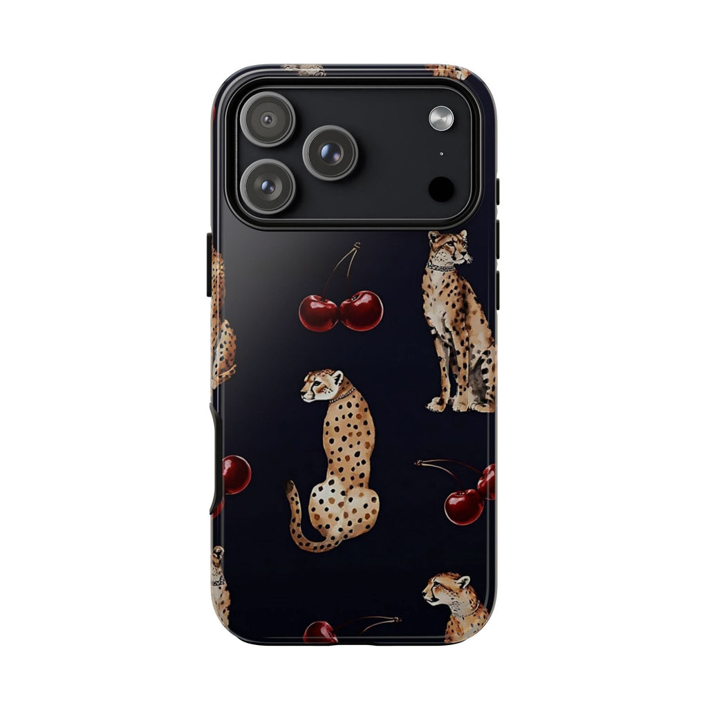 Midnight leopard & cherry phone case with cheetah-style spots and scattered red cherries