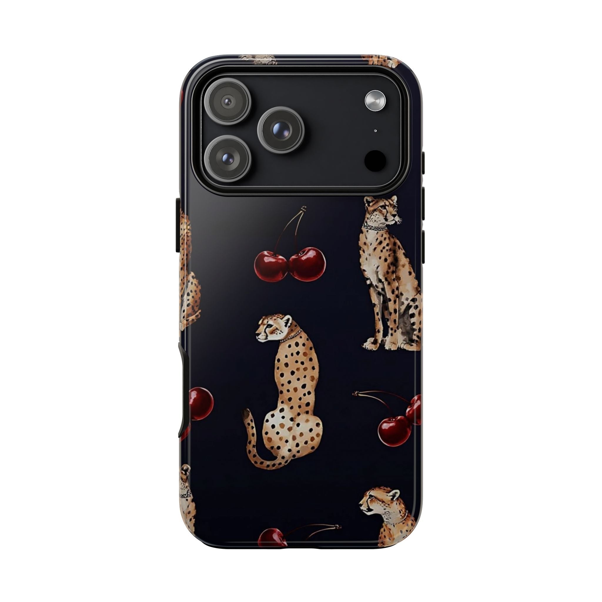 Midnight leopard & cherry phone case with cheetah-style spots and scattered red cherries