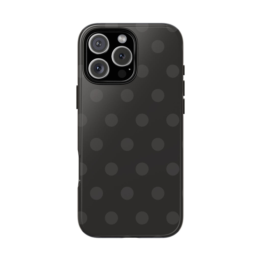 Midnight polka dot phone case with raised camera cutout, dark dots on black