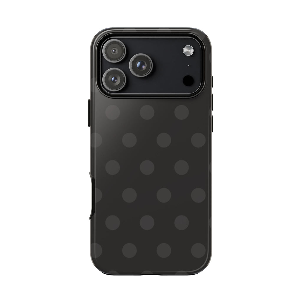 Midnight polka dot phone case, dark spotted back with lens and flash openings