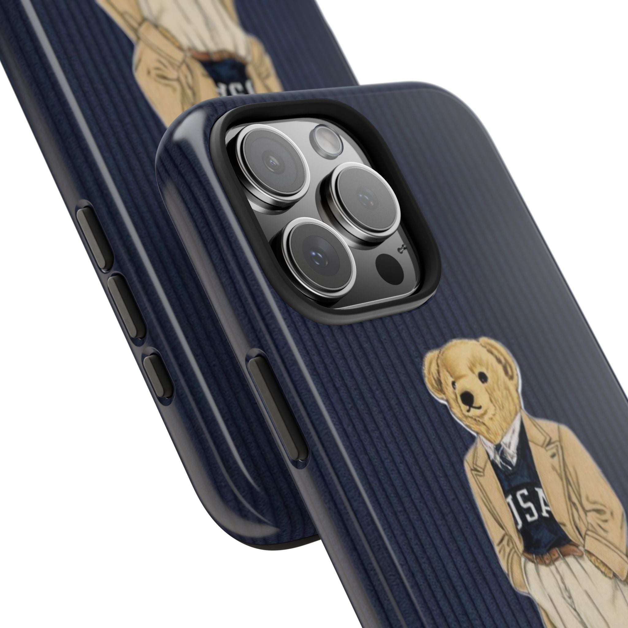 Side view of navy ribbed phone case with teddy bear graphic and camera lenses opening
