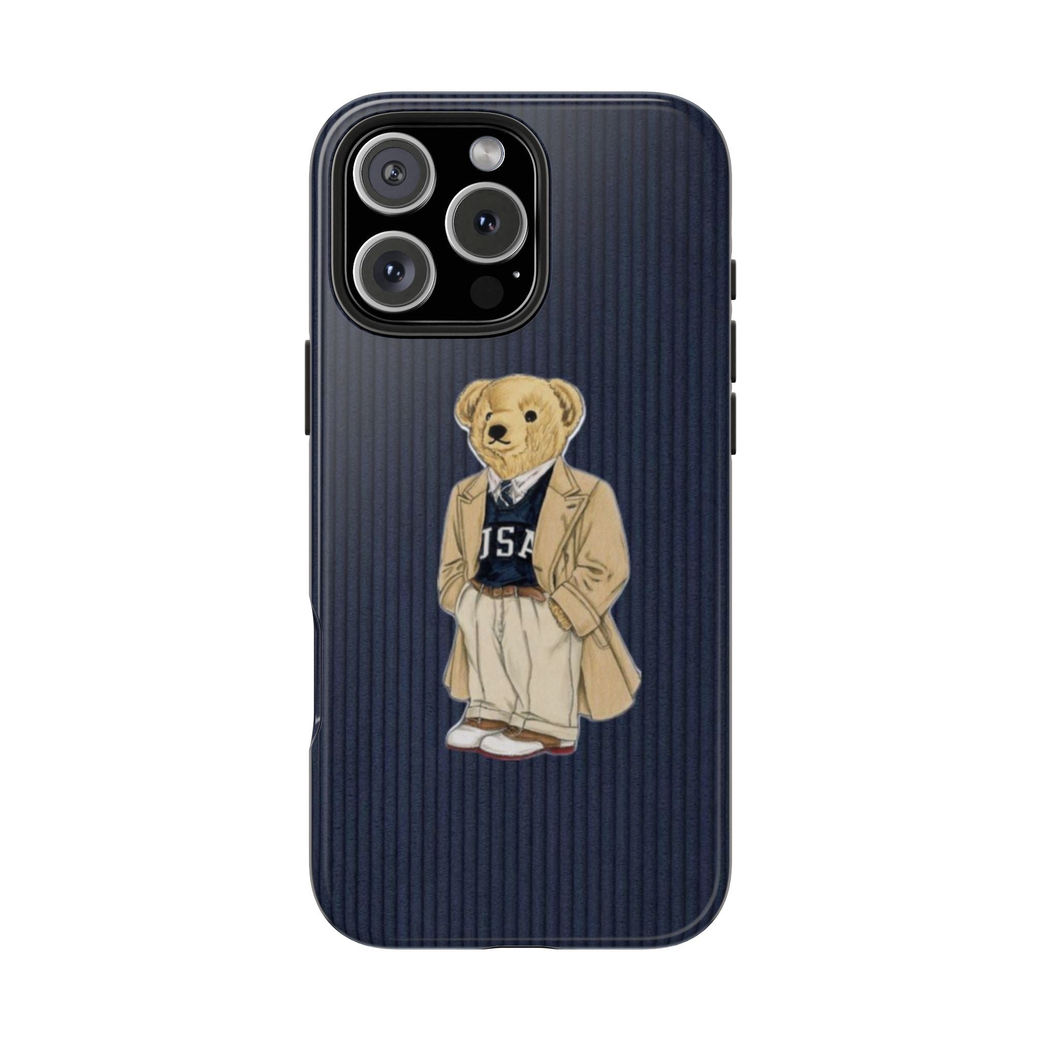 Navy ribbed phone case with teddy bear in varsity-style jacket, raised camera bump