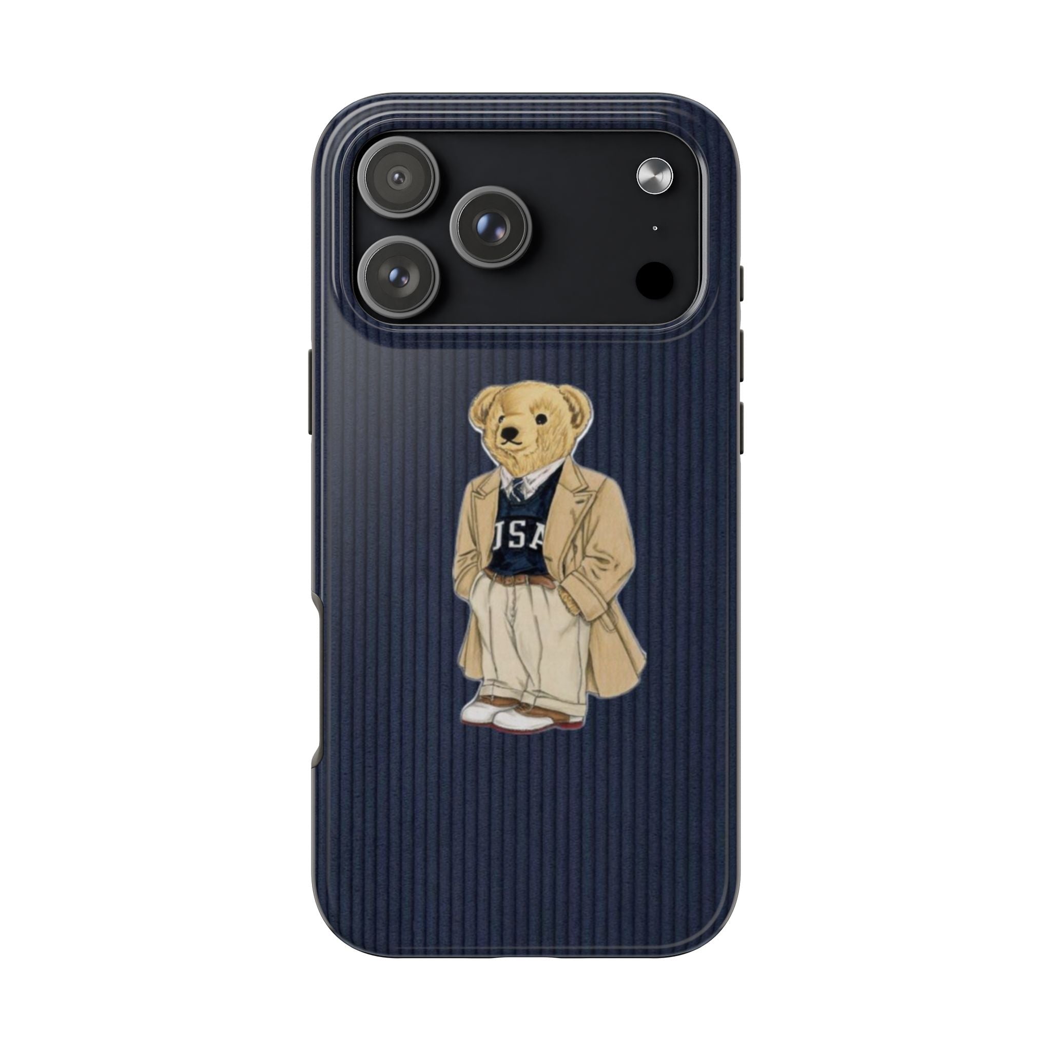Navy ribbed phone case with teddy bear in a jacket graphic, rear camera cutouts