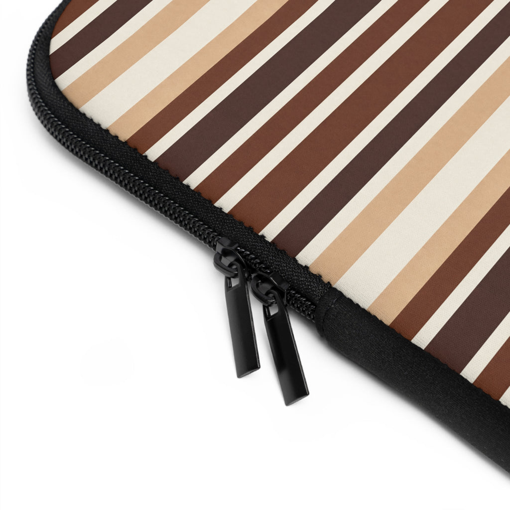 Close-up of striped neoprene sleeve with black zipper pull and edge stitching