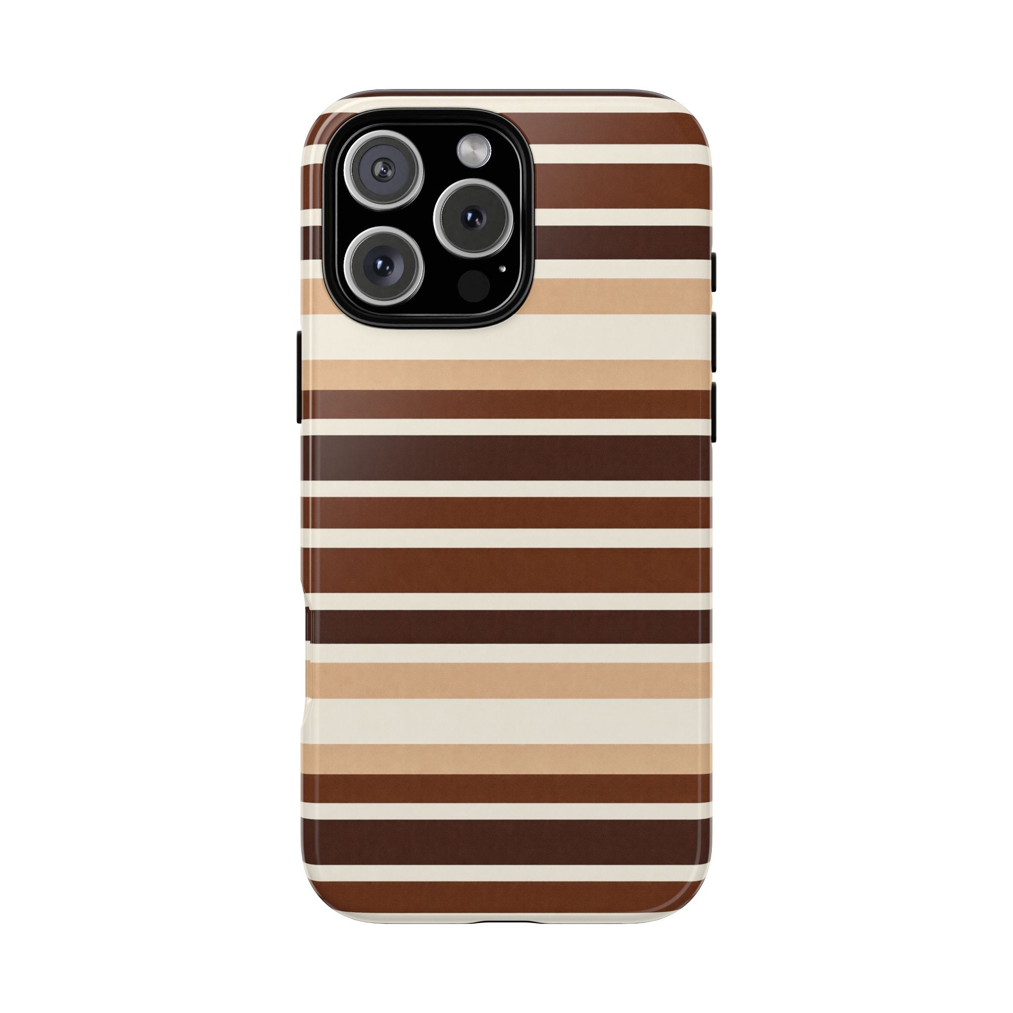 MILANO truffle stripes phone case with brown-and-tan horizontal stripes and lens cutout