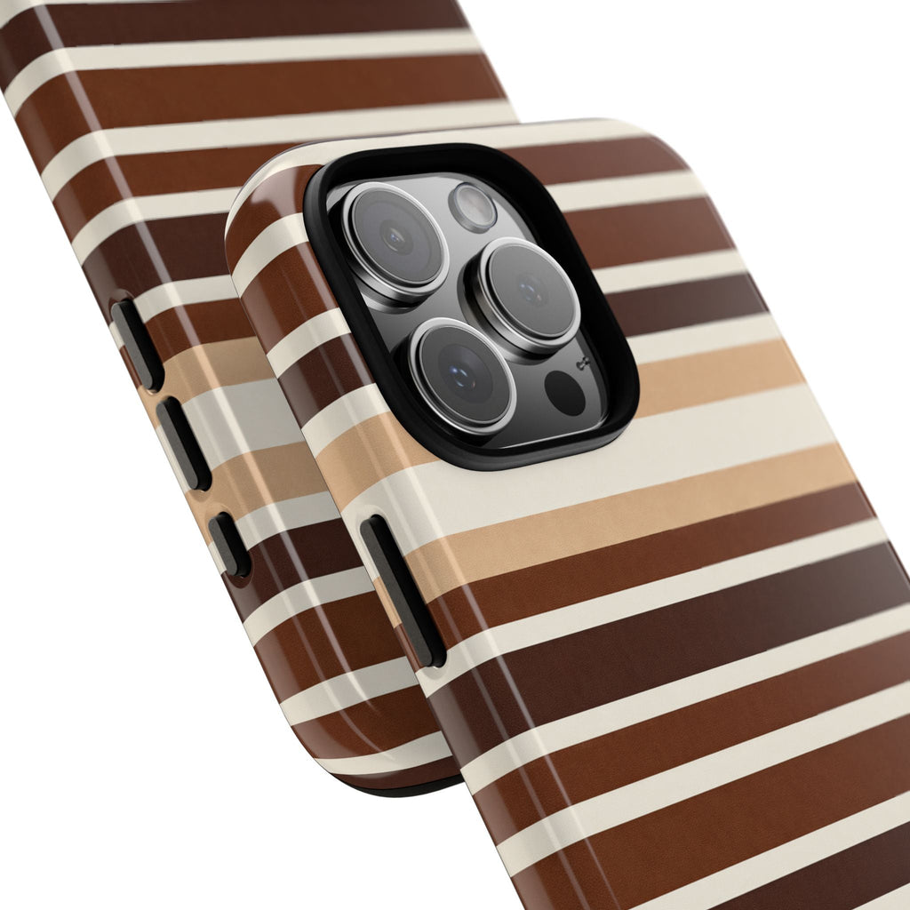 Diagonal view phone case with brown-and-tan horizontal stripes and raised camera lens ring