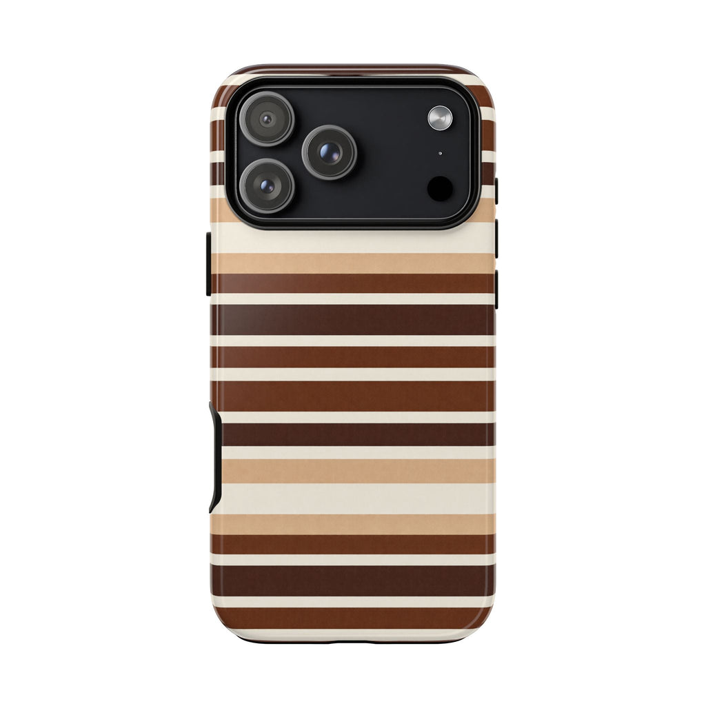 Phone case with brown, tan, and white horizontal stripes; camera cutout with dark top