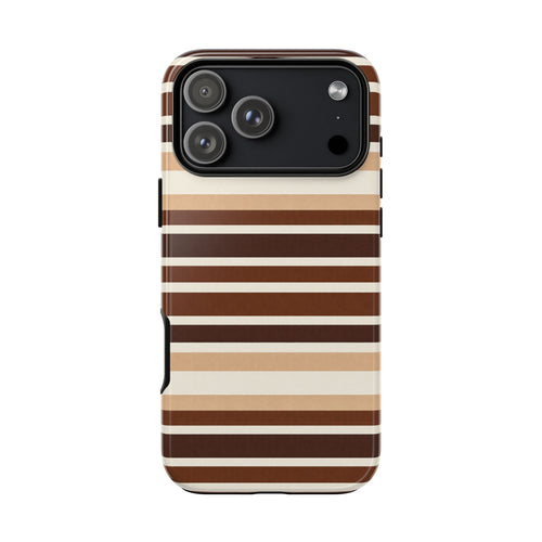 Phone case with brown, tan, and white horizontal stripes; camera cutout with dark top