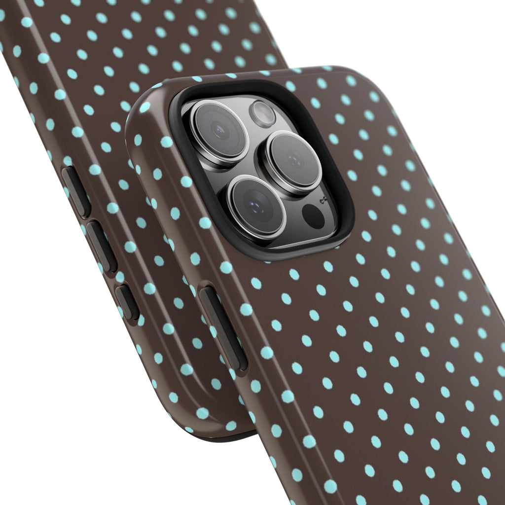 Teal-blue dot phone case with side button cutouts and camera bump protection