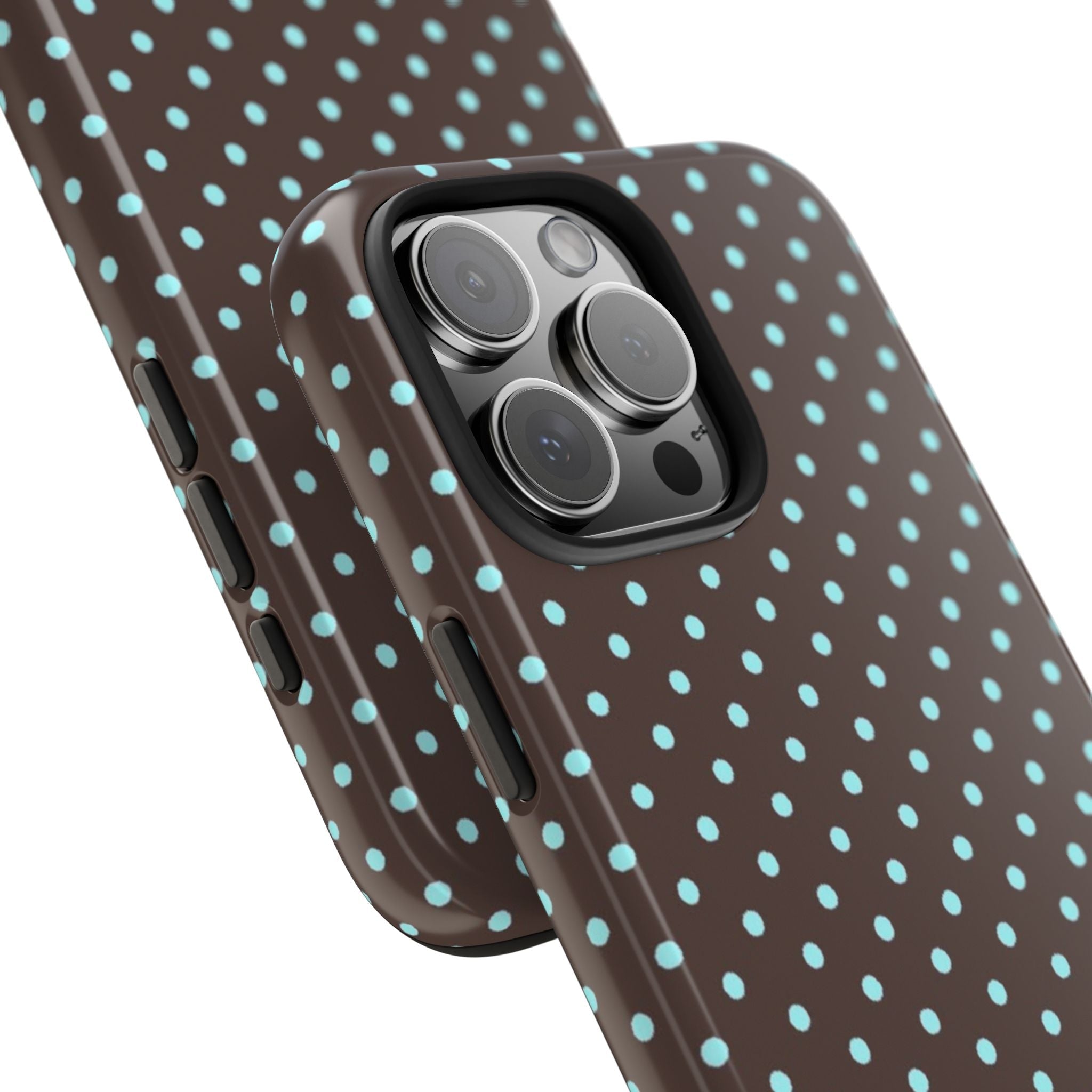 Teal-blue dot phone case with side button cutouts and camera bump protection