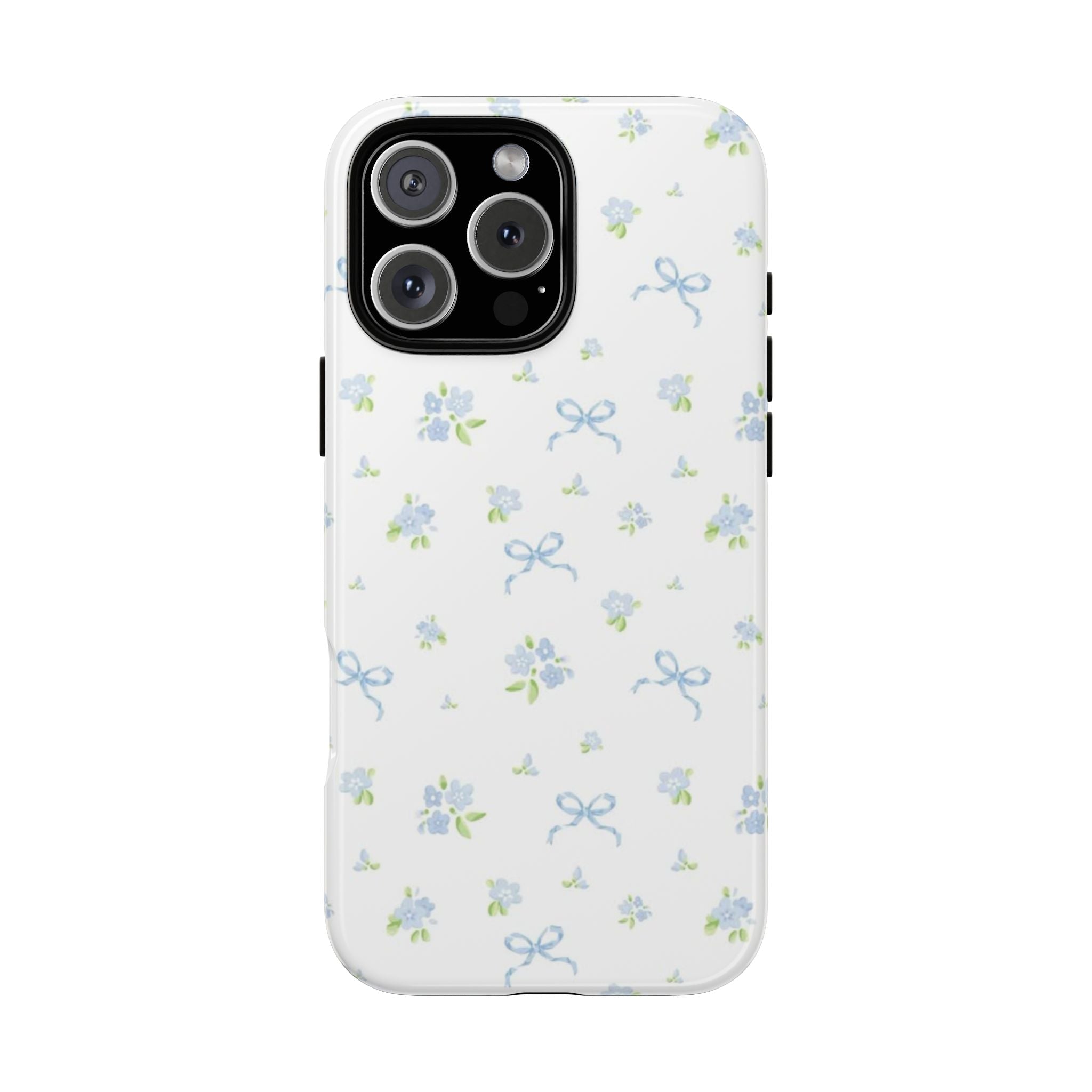 White phone case with blue floral pattern and small bow accents; camera cutout