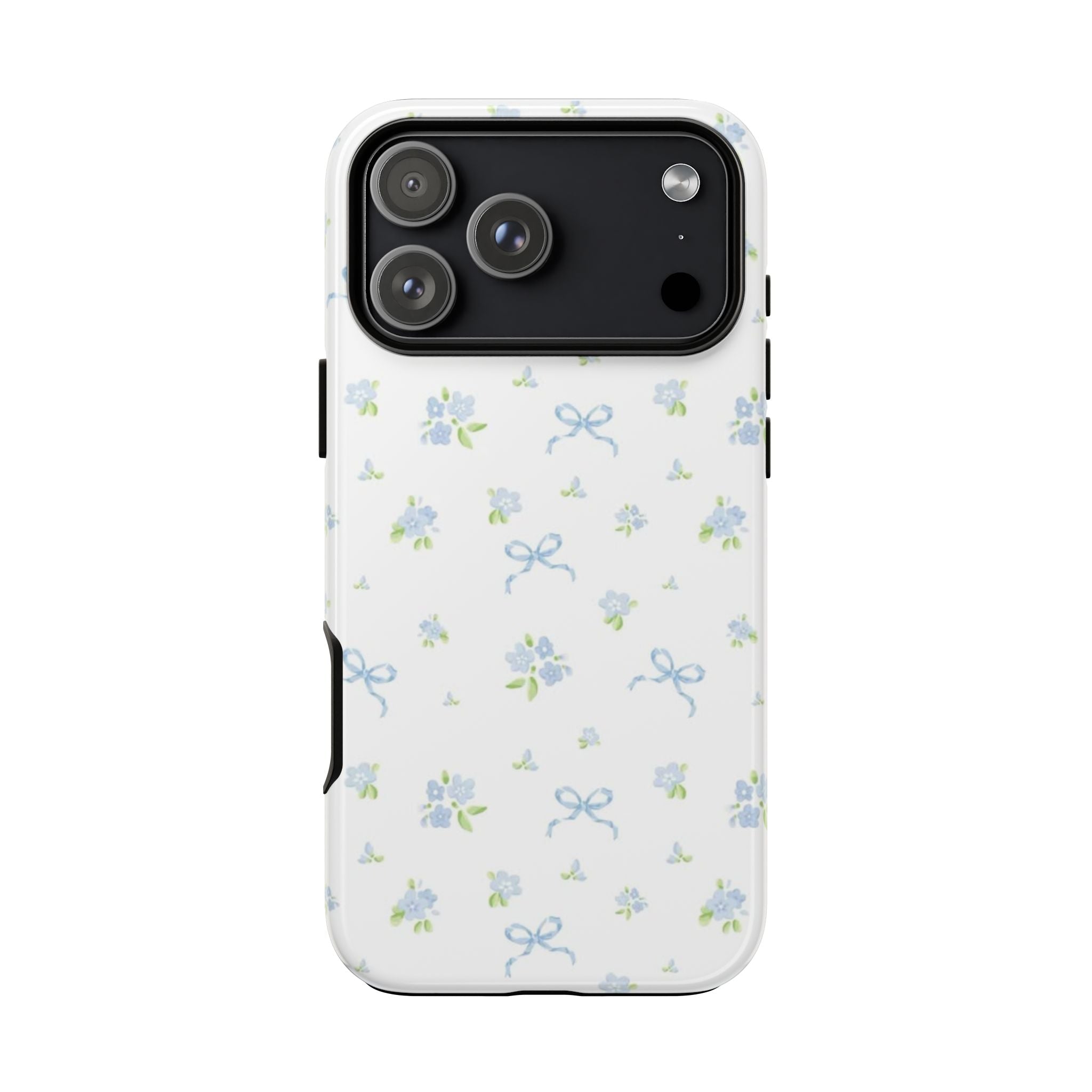 White MINI COQUETTE phone case with blue floral bows; cutouts for camera and ports