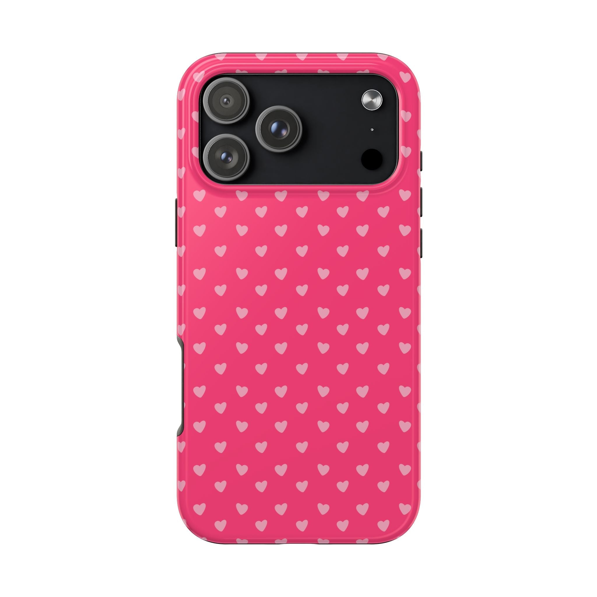 Pink phone case with repeating hearts pattern and dark camera panel; smooth edges