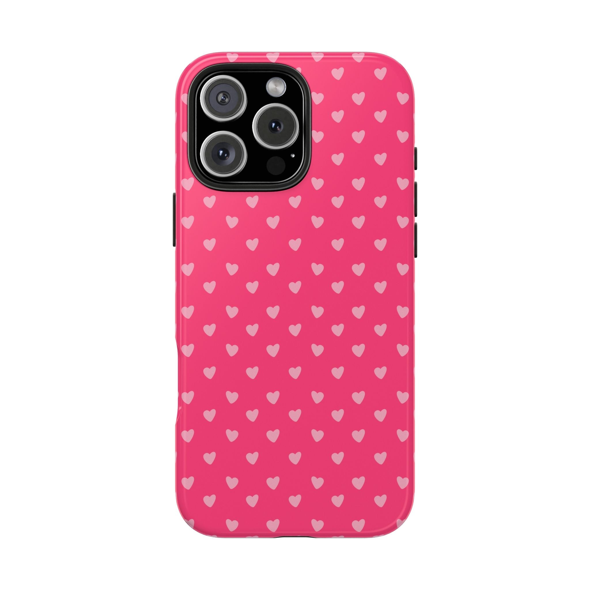 Pink phone case with small heart pattern; raised camera cutout, glossy finish