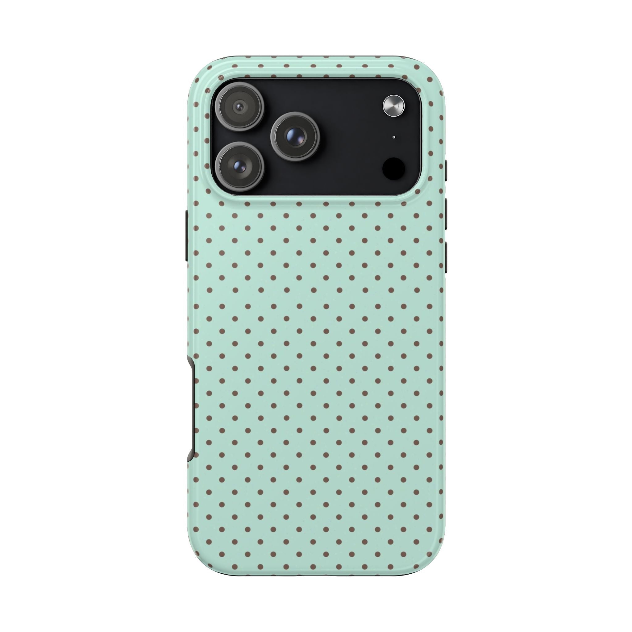 Mint green phone case with small brown polka dots; raised camera cutout at top