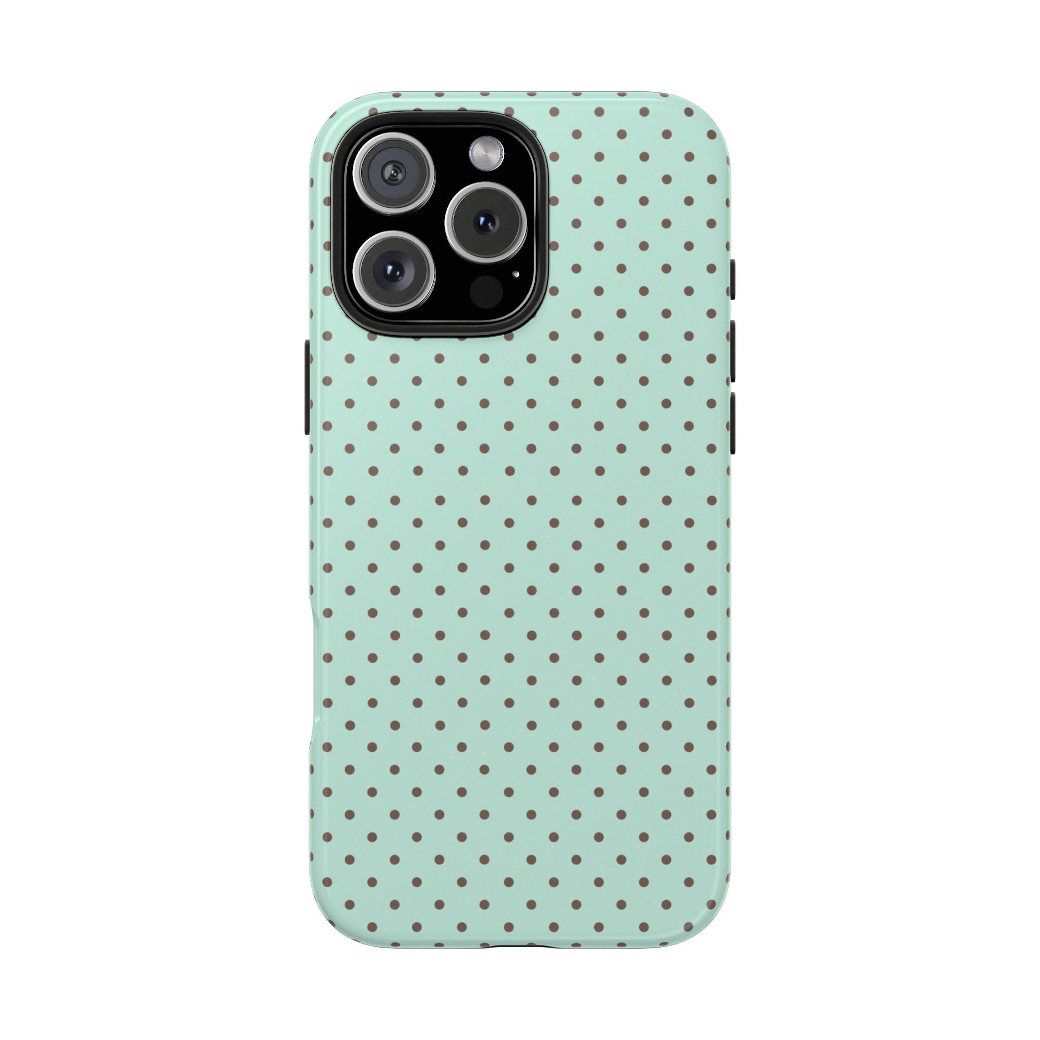 Mint green polka dot phone case with small brown dots; clear camera opening on back