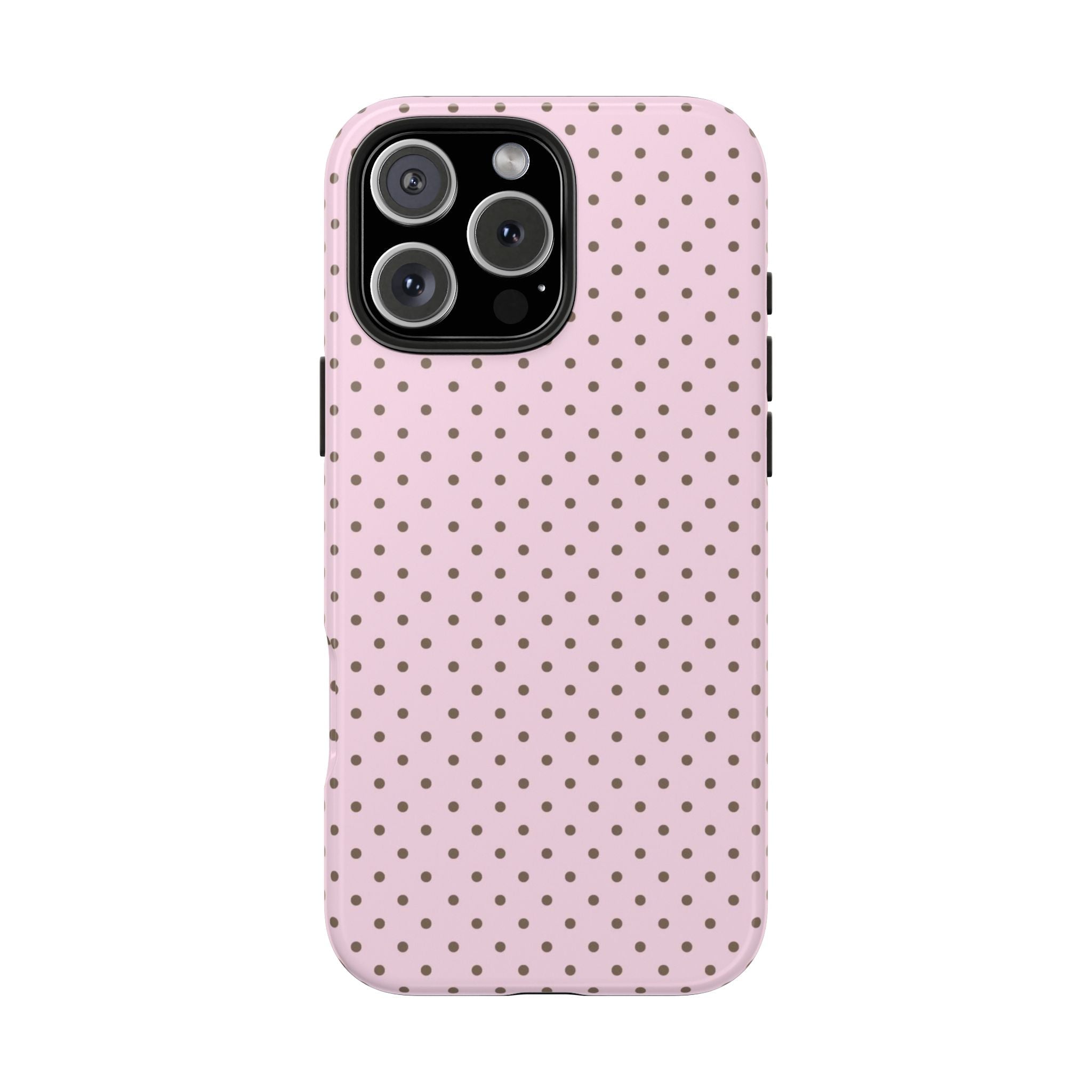 Light pink phone case with evenly spaced dark polka dots and camera lens openings