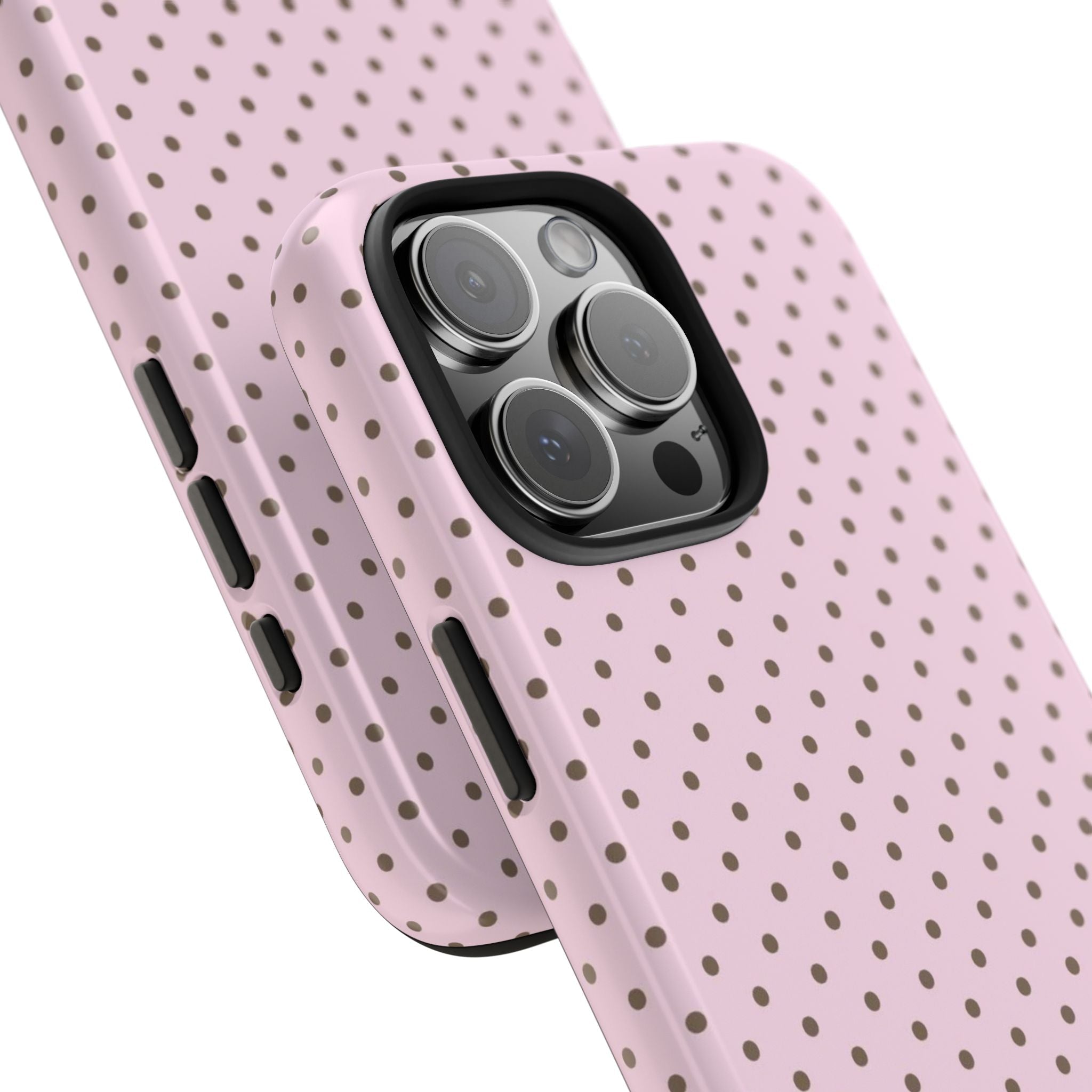 Pink polka-dot phone case with side buttons and dual camera cutout detail