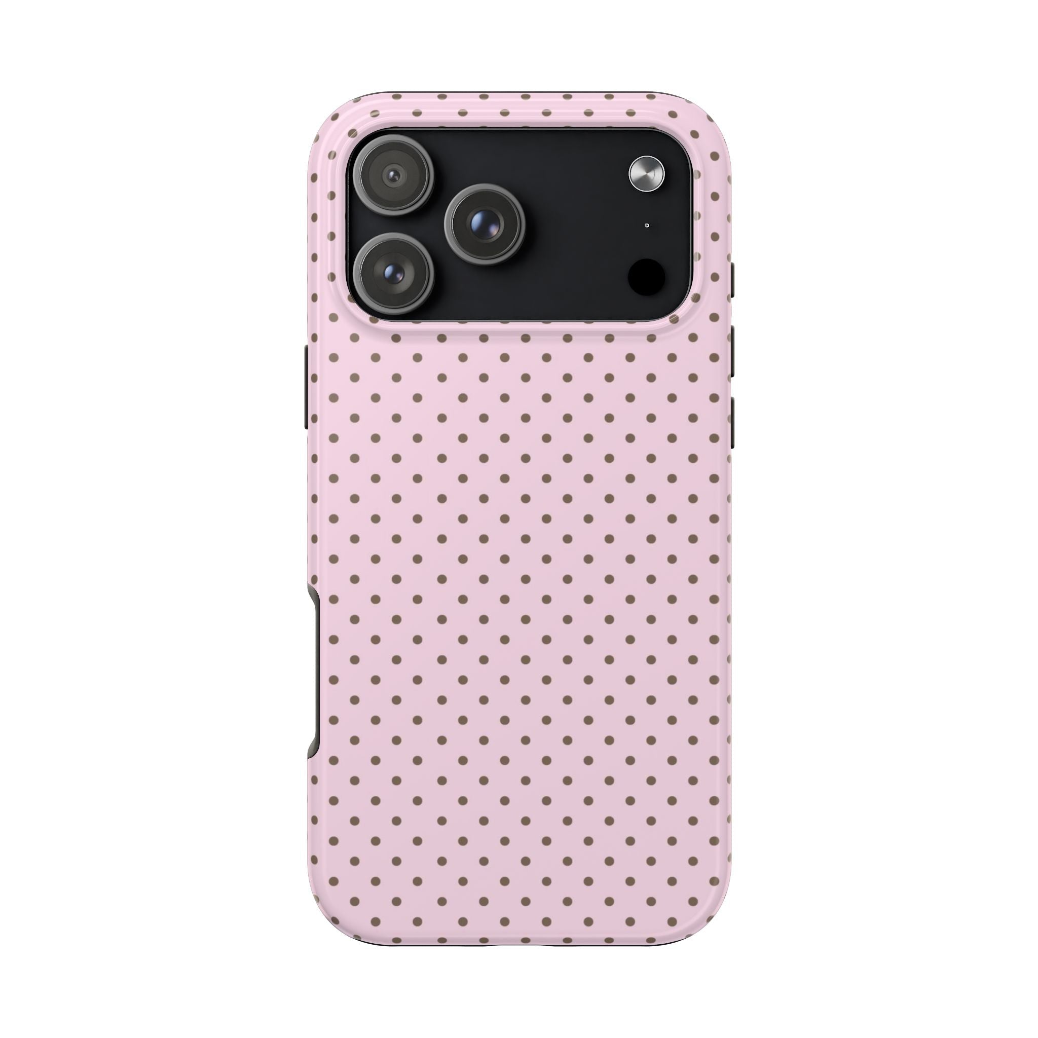 Pink phone case with dark polka dots; raised camera cutout on back panel