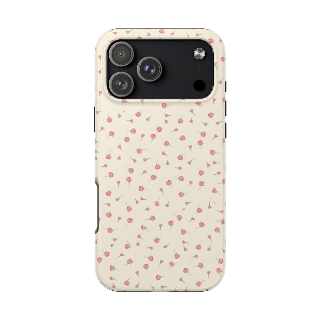 Front view cream ditsy floral phone case with raised camera lenses and button cutouts