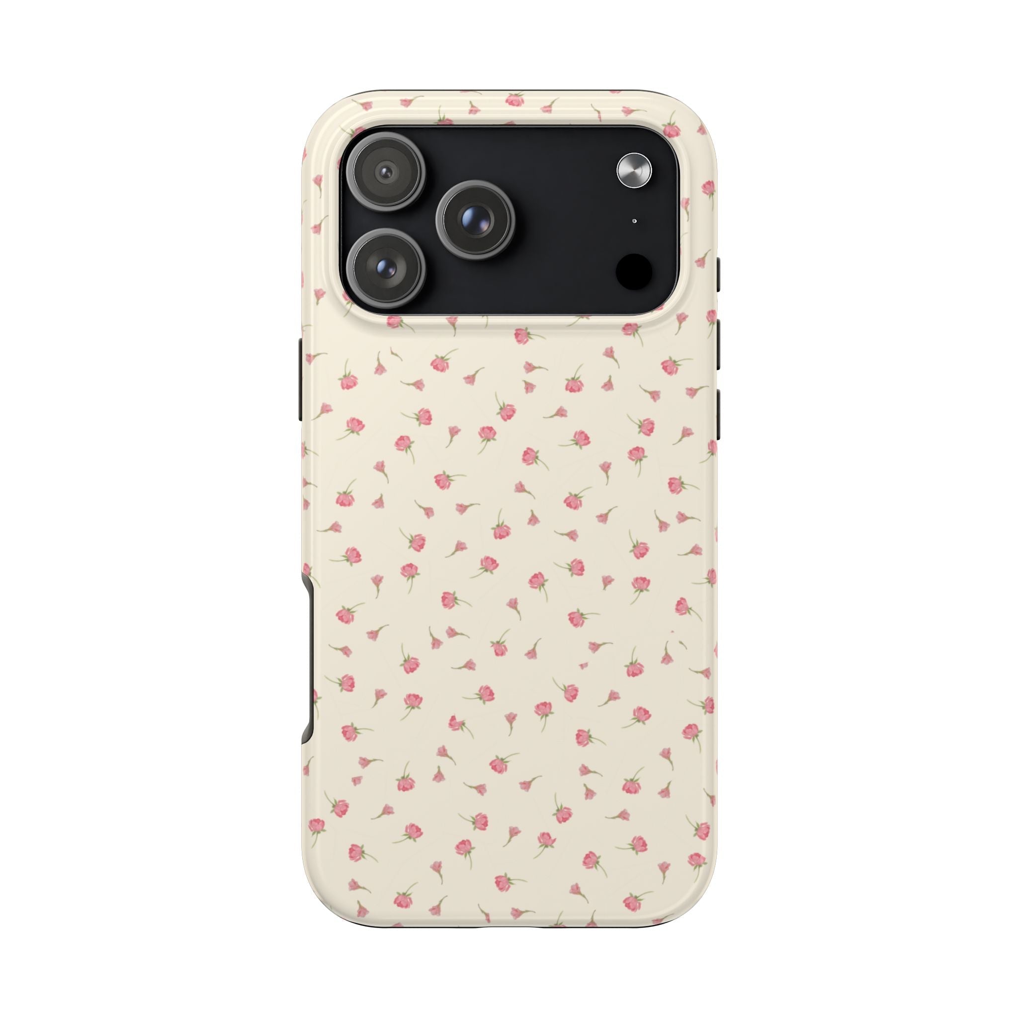 Front view cream ditsy floral phone case with raised camera lenses and button cutouts