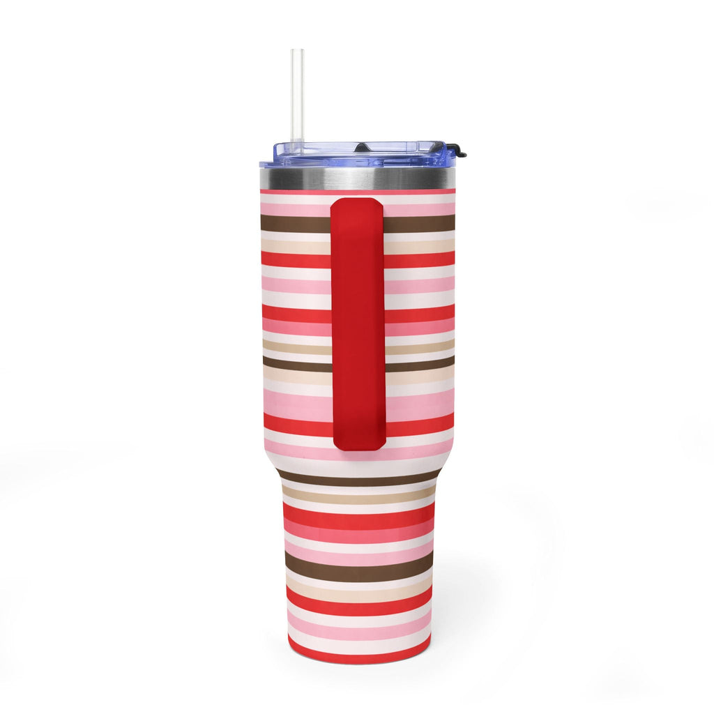 Tumbler with flip-top lid, clear straw, and pink, red, and brown striped wrap