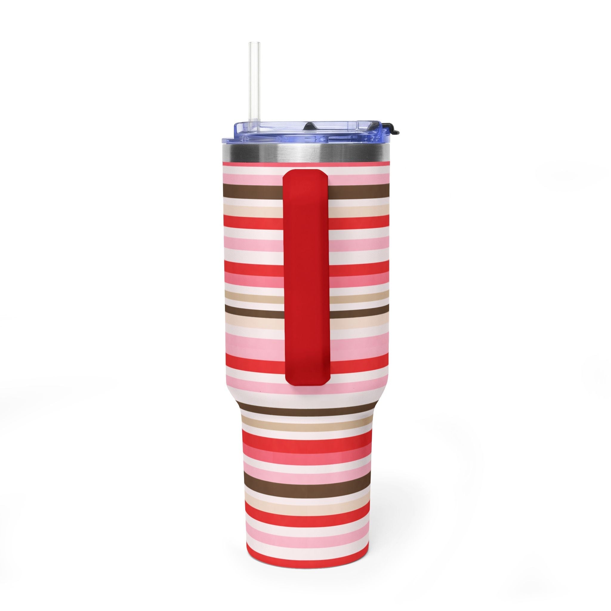 Tumbler with flip-top lid, clear straw, and pink, red, and brown striped wrap
