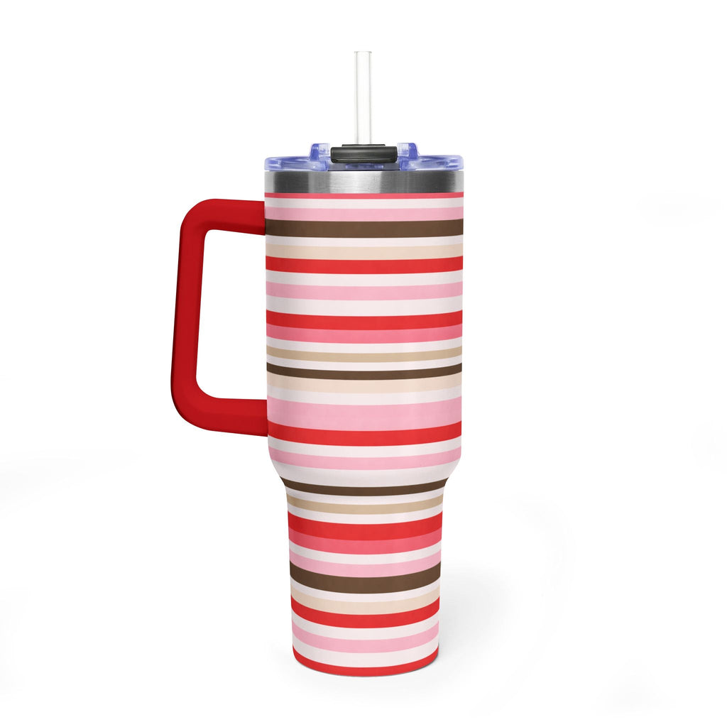 Striped stainless steel tumbler with red handle, clear straw, and pink/red/brown stripes