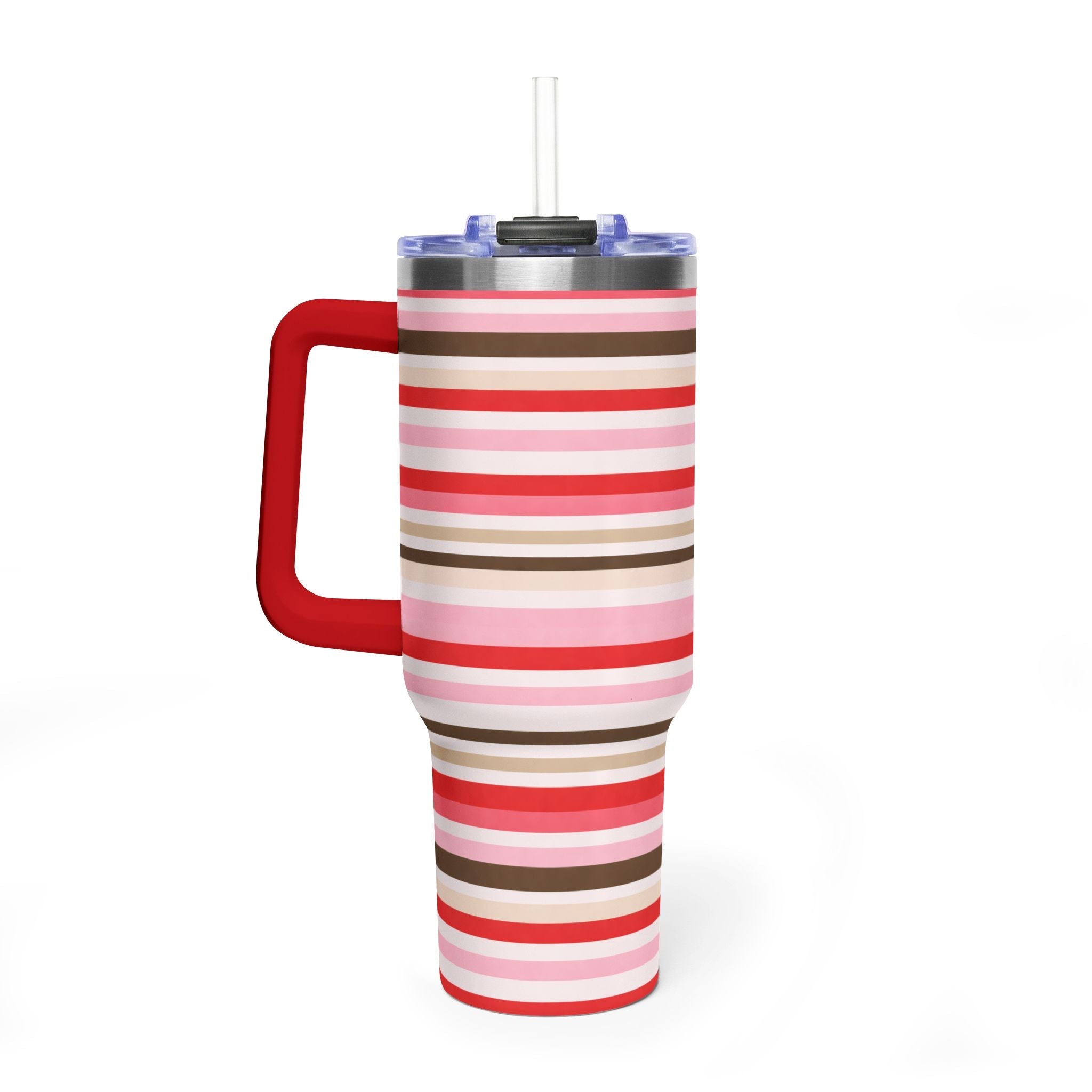 Striped stainless steel tumbler with red handle, clear straw, and pink/red/brown stripes