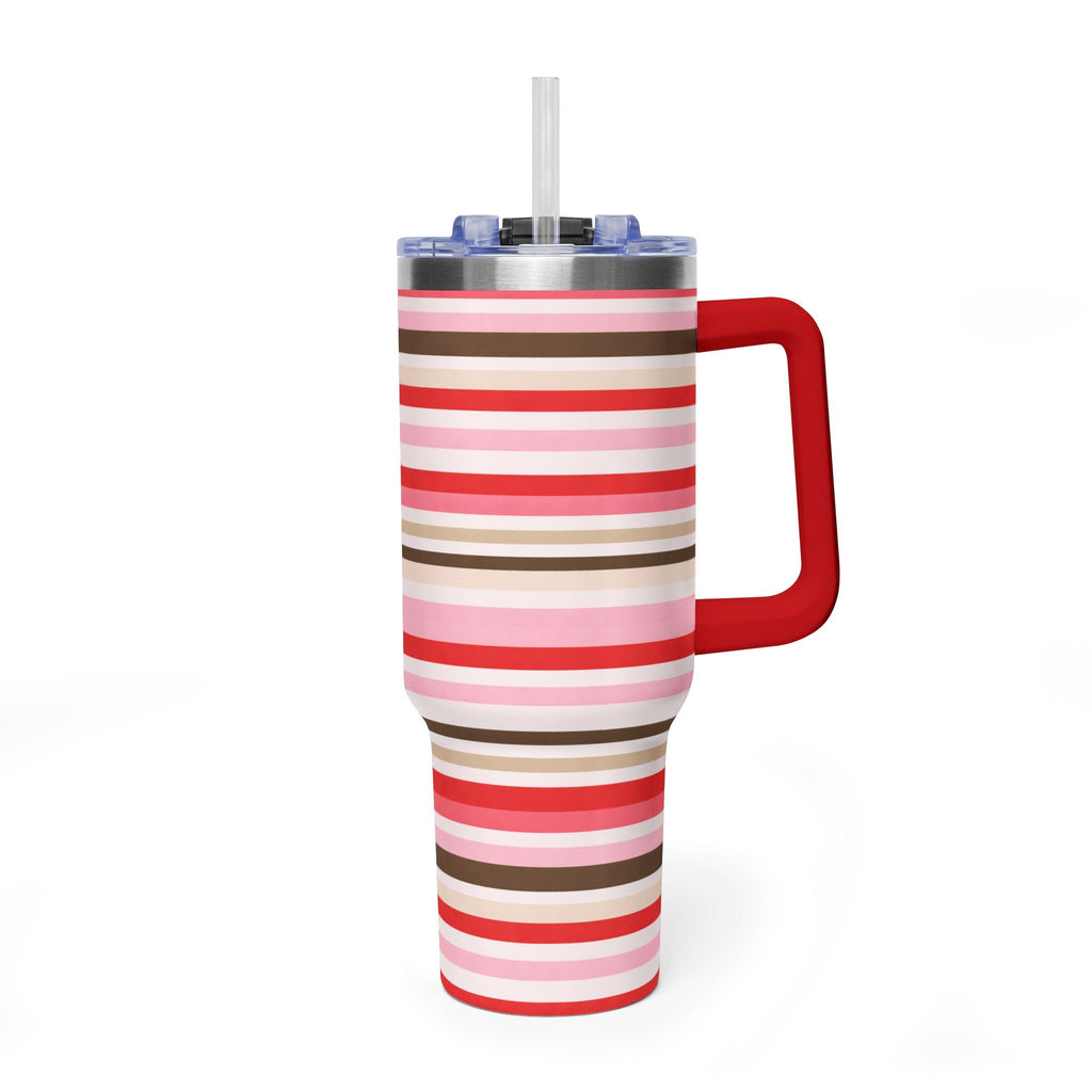 40 oz stainless steel tumbler with red, pink, and brown horizontal stripes