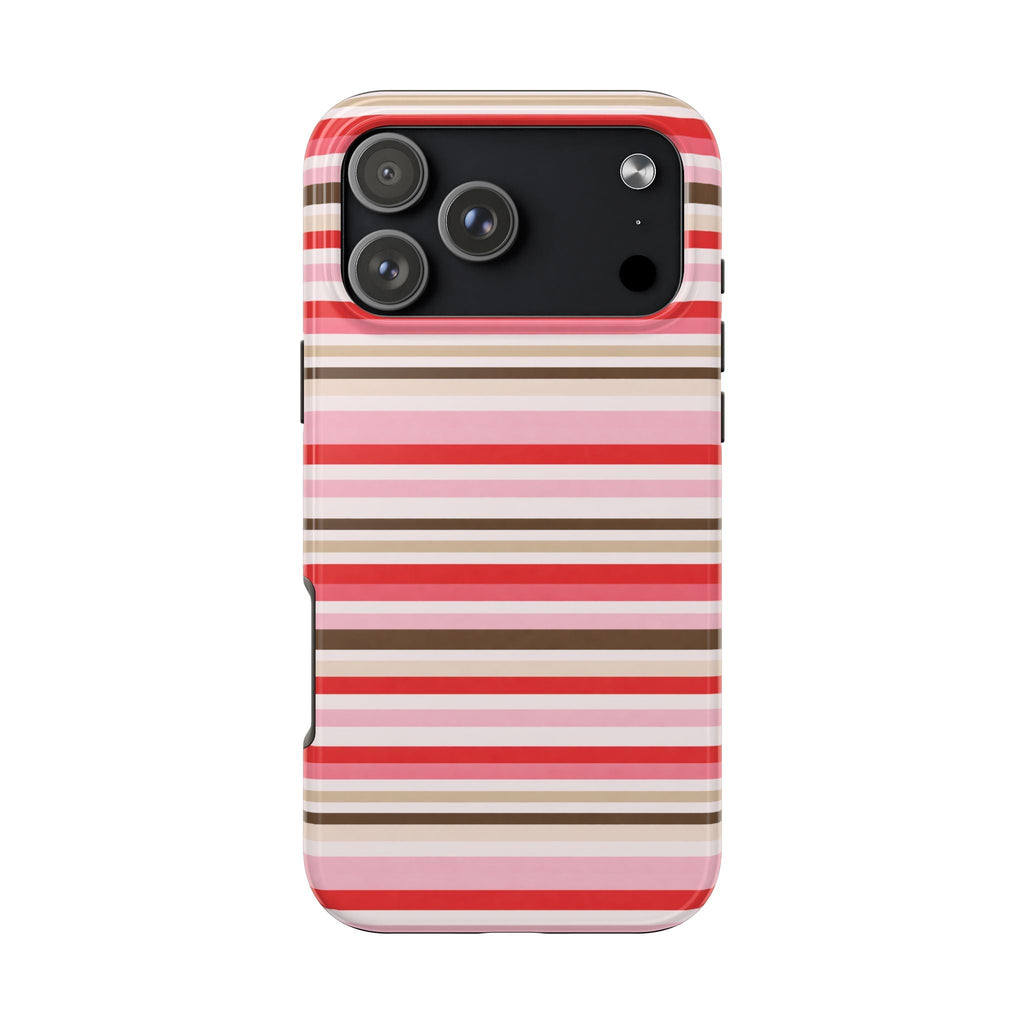 Phone case front view: horizontal pink, red, and beige stripes with camera lens cutouts
