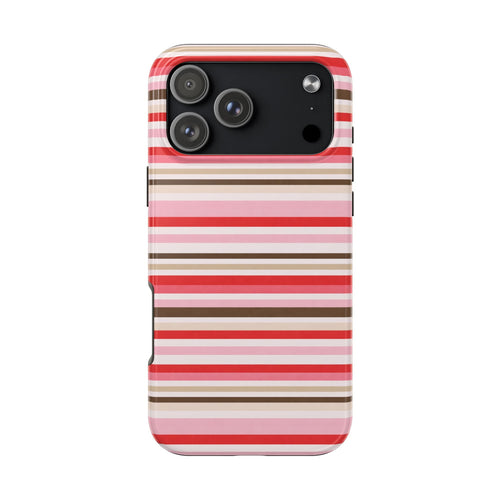 Phone case front view: horizontal pink, red, and beige stripes with camera lens cutouts