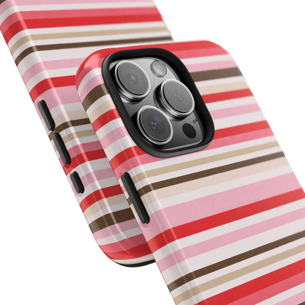 Angled phone case showing pink/red/beige striped back and camera module with cutouts