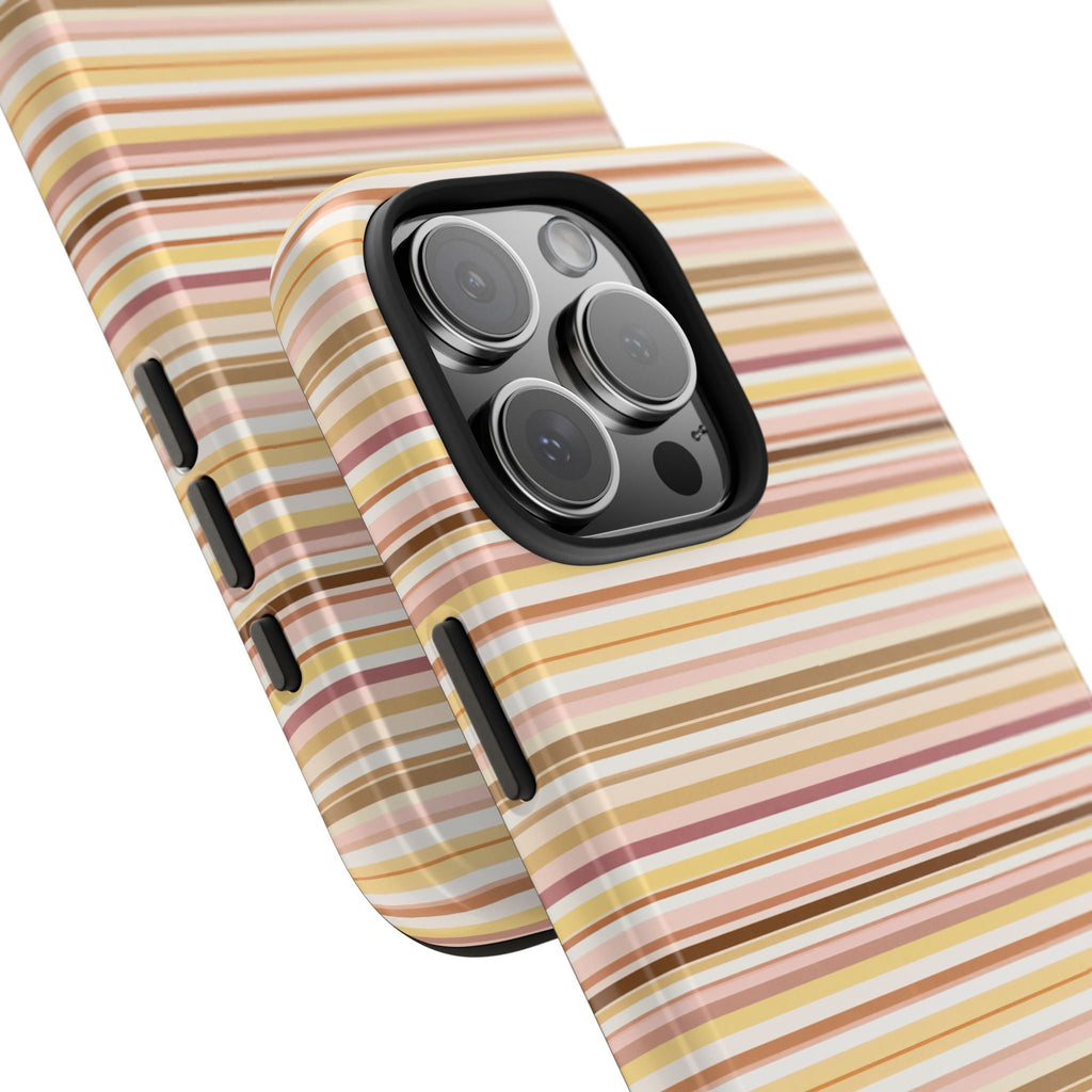Yellow, pink, and cream striped phone case with side button openings and camera cutout
