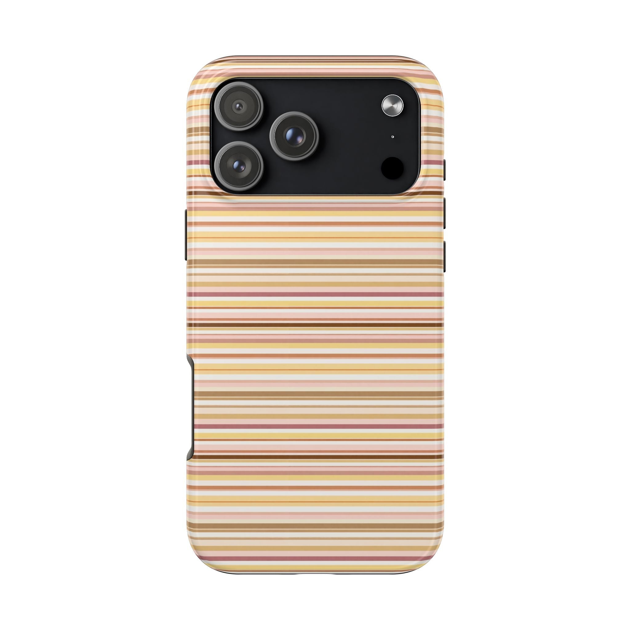 Yellow striped phone case with camera opening and smooth back, slim profile
