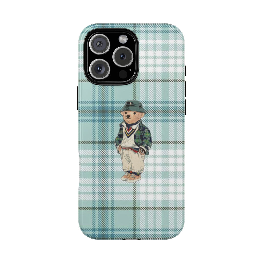 Mint plaid phone case with teddy bear character, front and camera cutouts visible