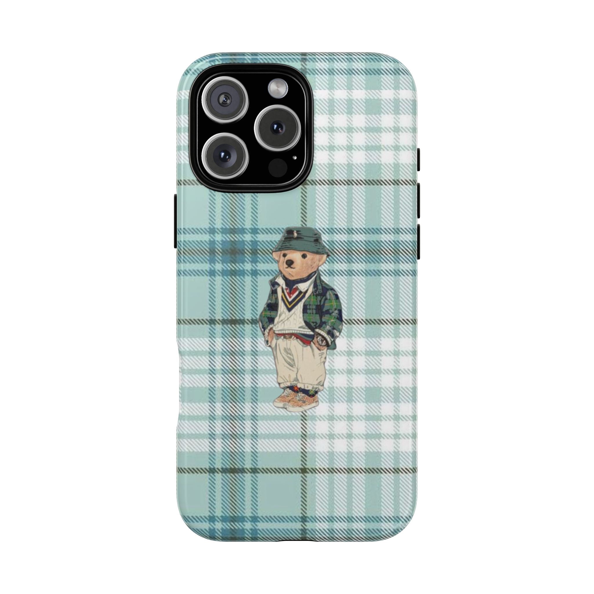 Mint plaid phone case with teddy bear character, front and camera cutouts visible