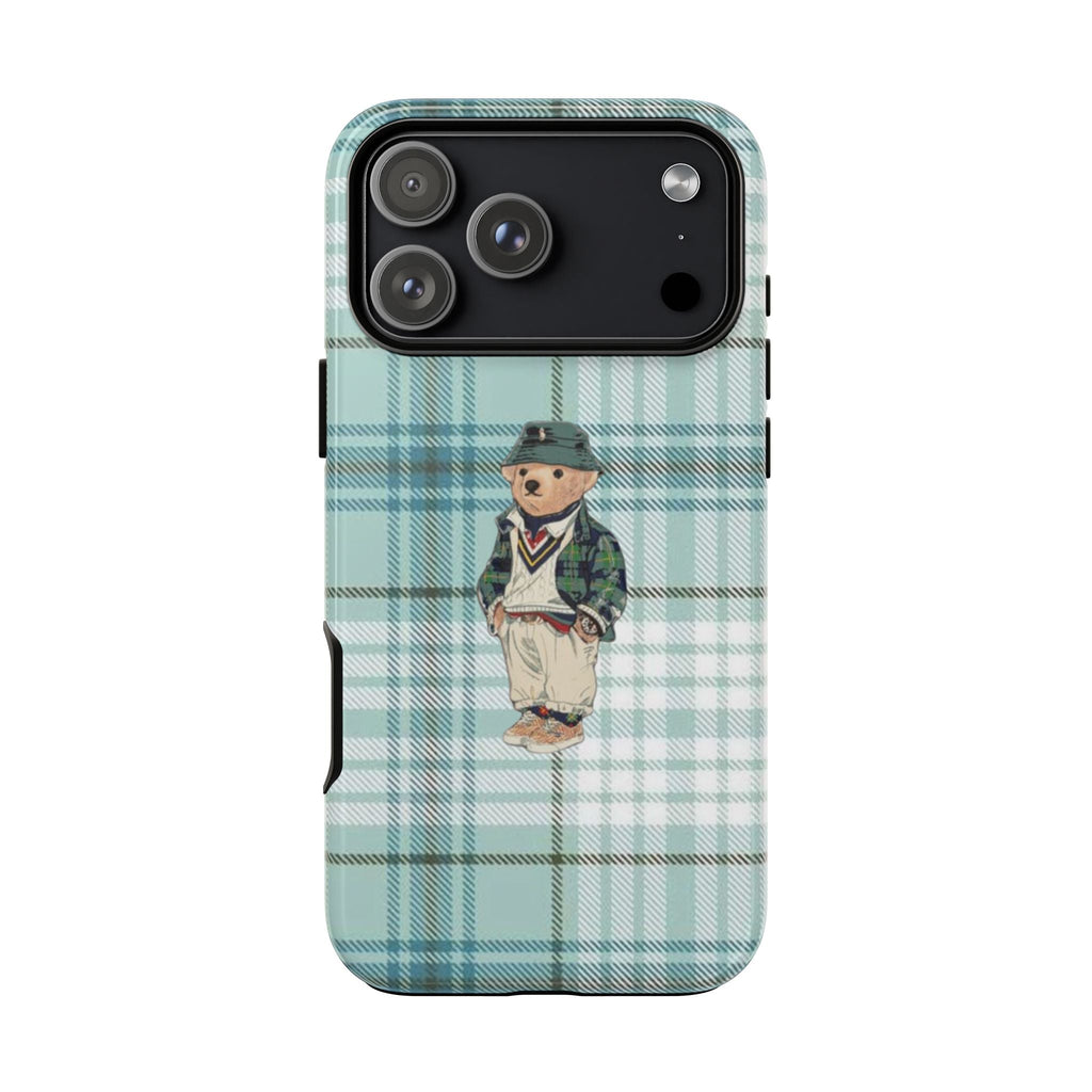 Mint plaid phone case featuring teddy bear wearing cap, back camera area shown