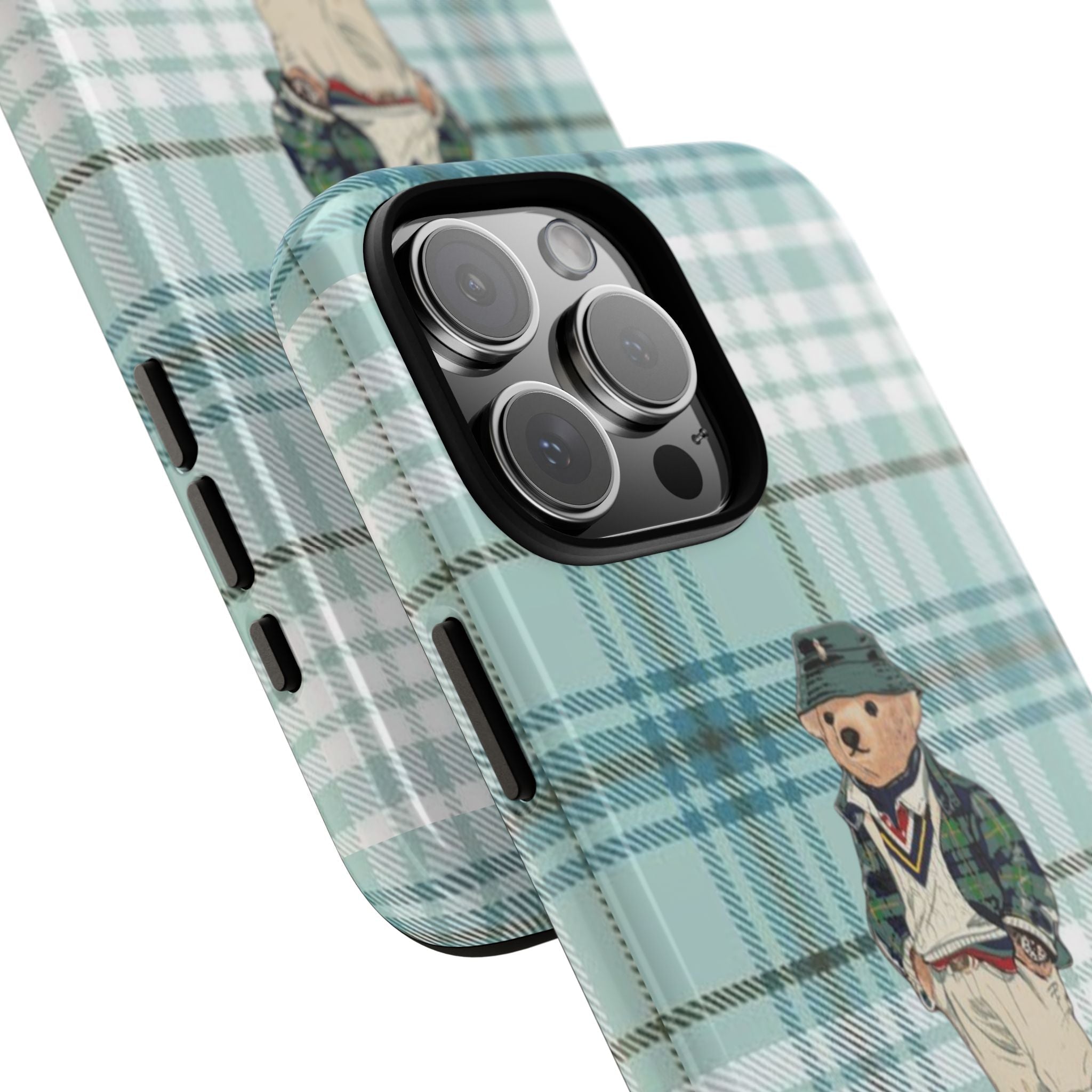Mint plaid phone case with teddy bear graphic, side cutouts and lens ring visible