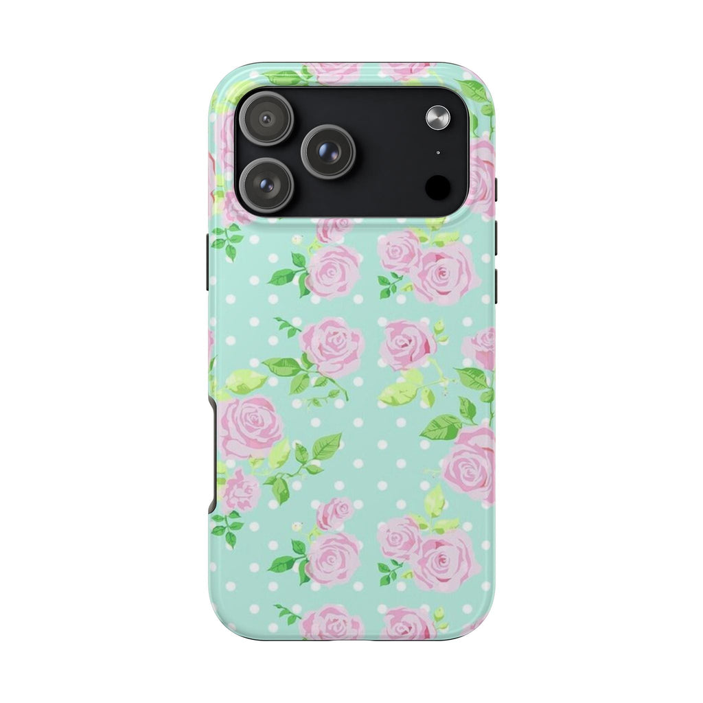 Mint phone case with pink rose floral print and white polka dots