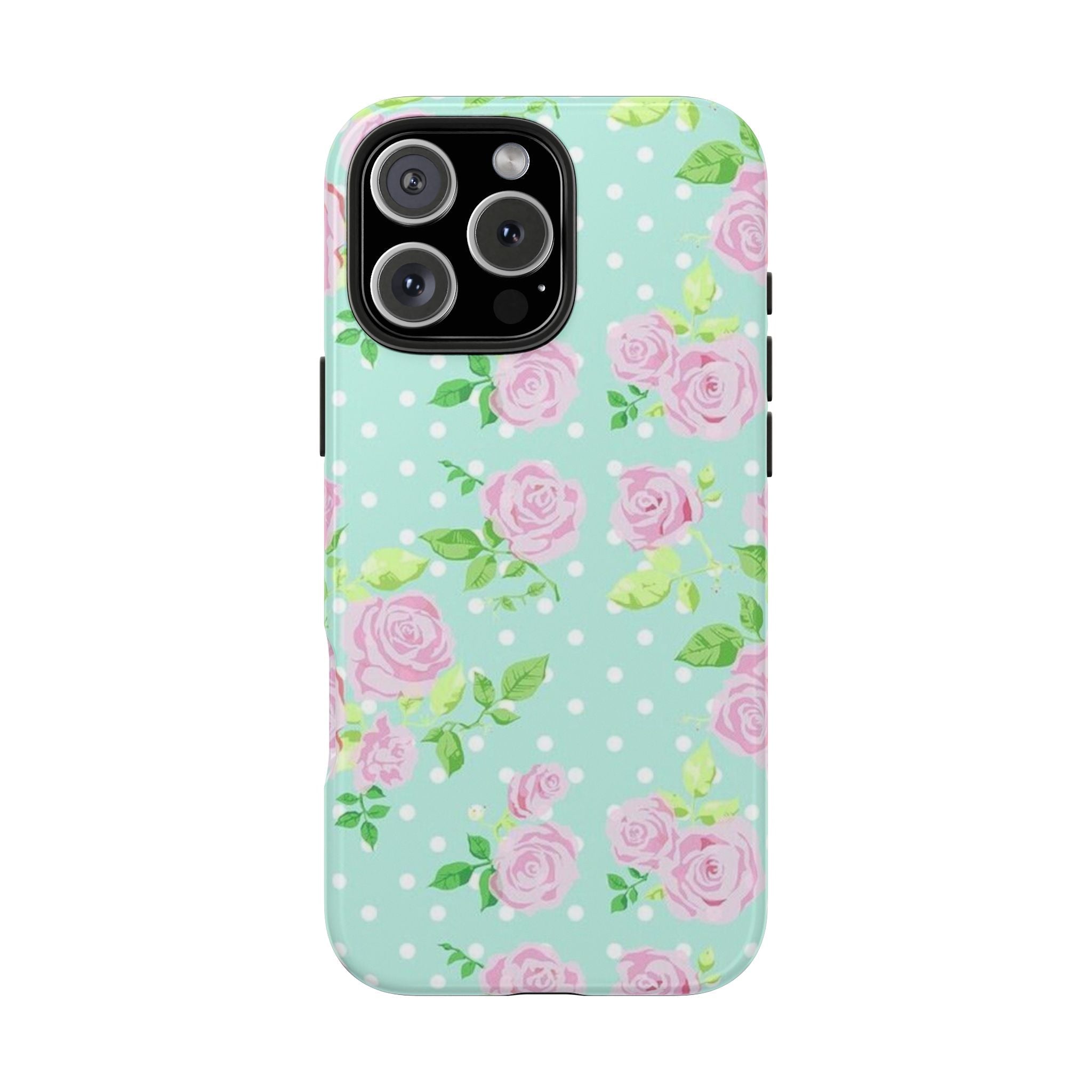 Mint phone case with pink roses, green leaves, and white polka dots; camera cutouts