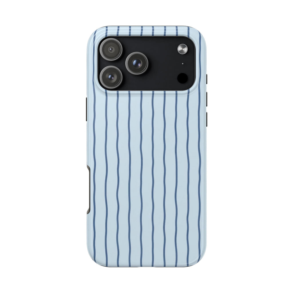 Light-blue phone case with navy vertical stripes, raised camera cutout and side buttons